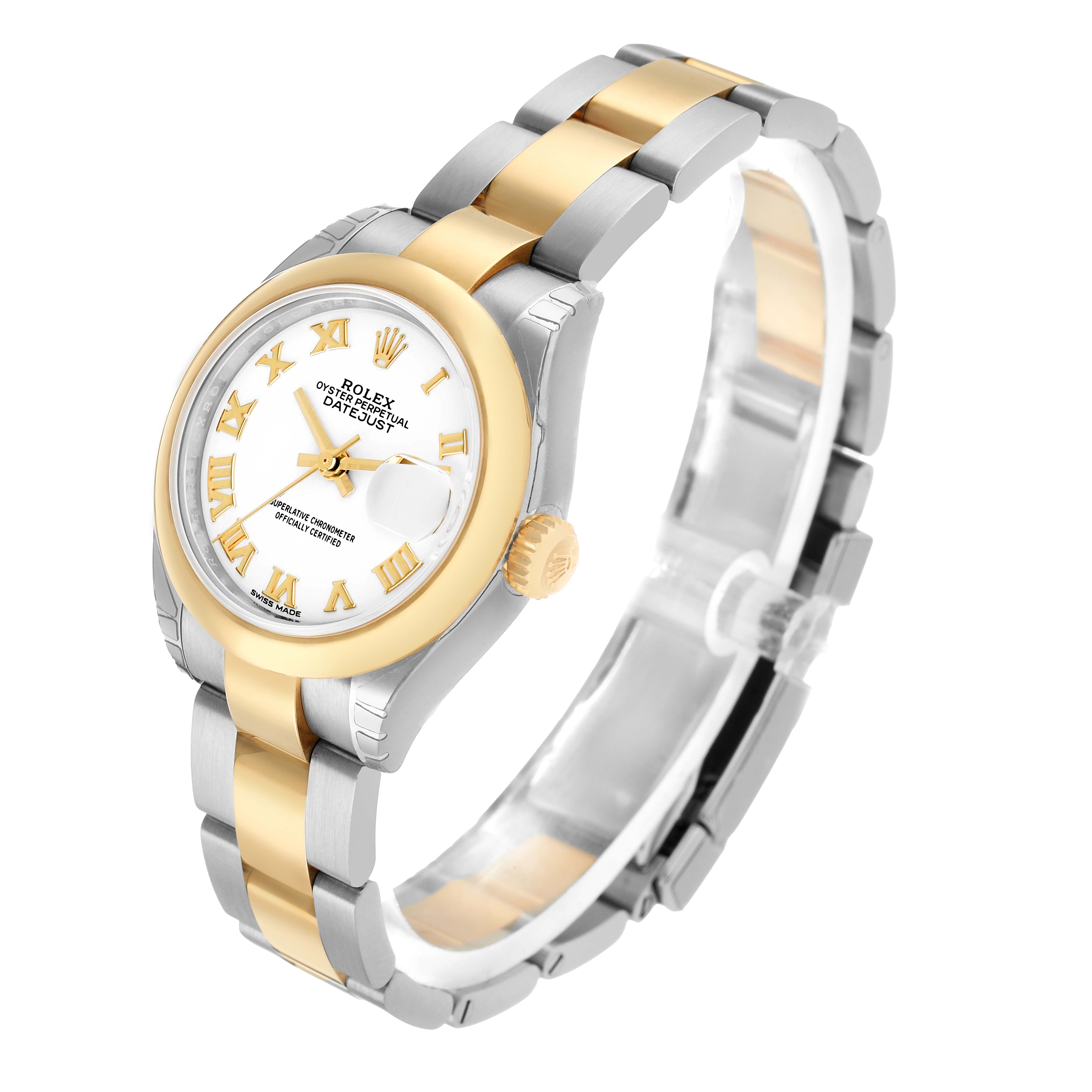 The Rolex Datejust 279163 Women's Steel and Gold (two tone) White Dial watch is shown at a three-quarter angle, highlighting its two-tone case, bracelet, and Roman numeral dial.