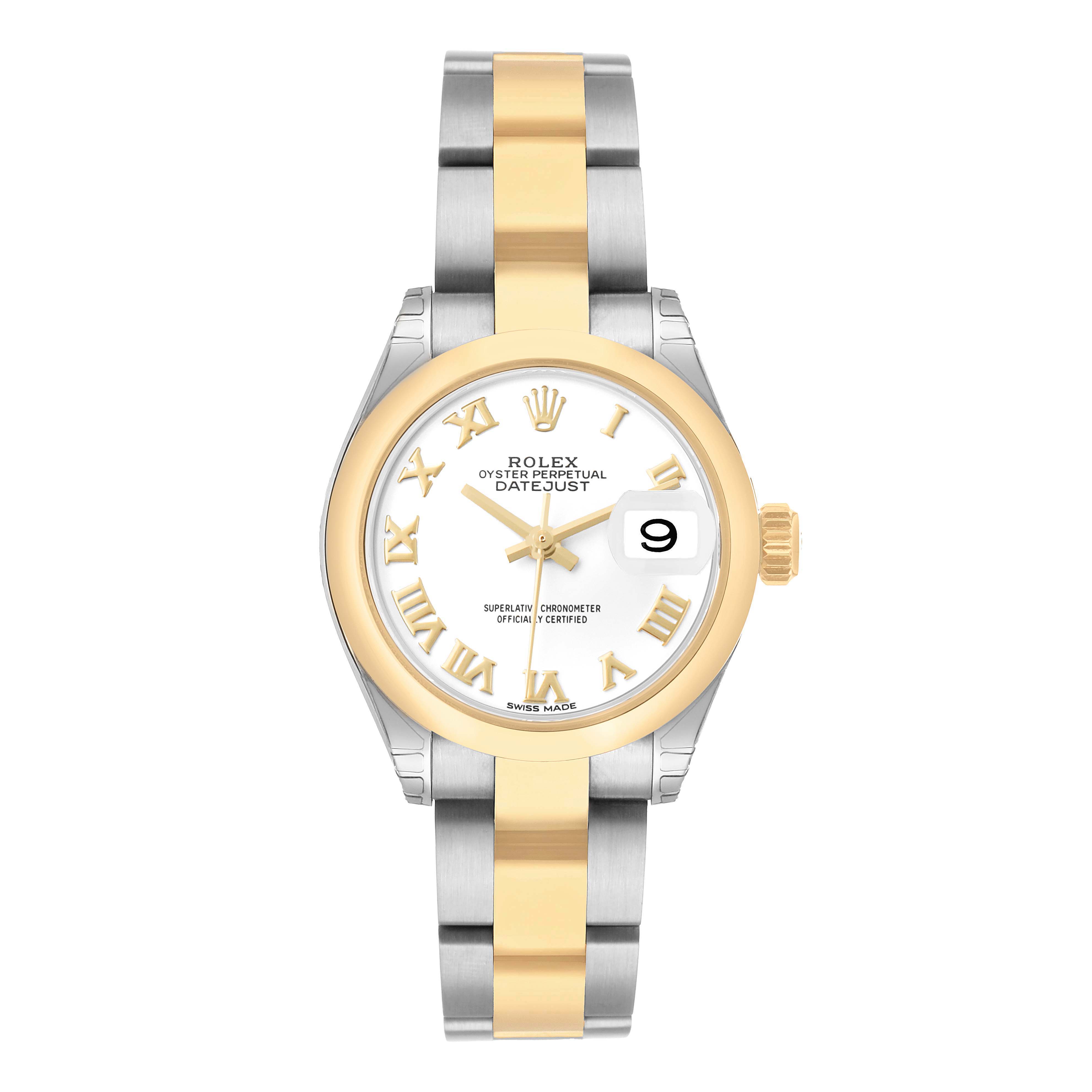 The Rolex Datejust 279163 Women's Steel and Gold (two tone) White Dial watch is shown from a top-down angle, highlighting the dial, bezel, and bracelet in gold and silver.