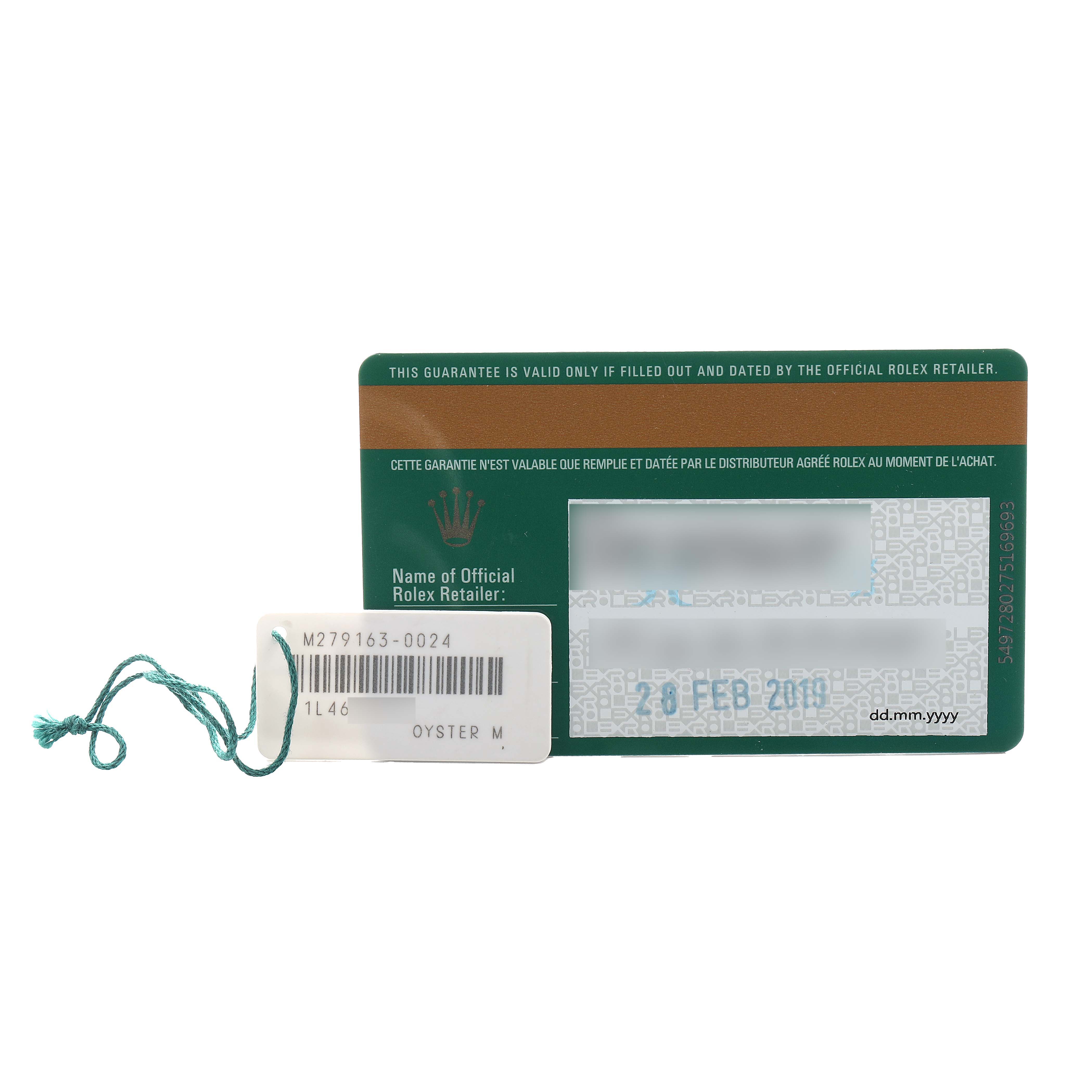 The image shows a Rolex Datejust 279163 Women's Steel and Gold (two tone) White Dial guarantee card and hang tag, viewed from the front.