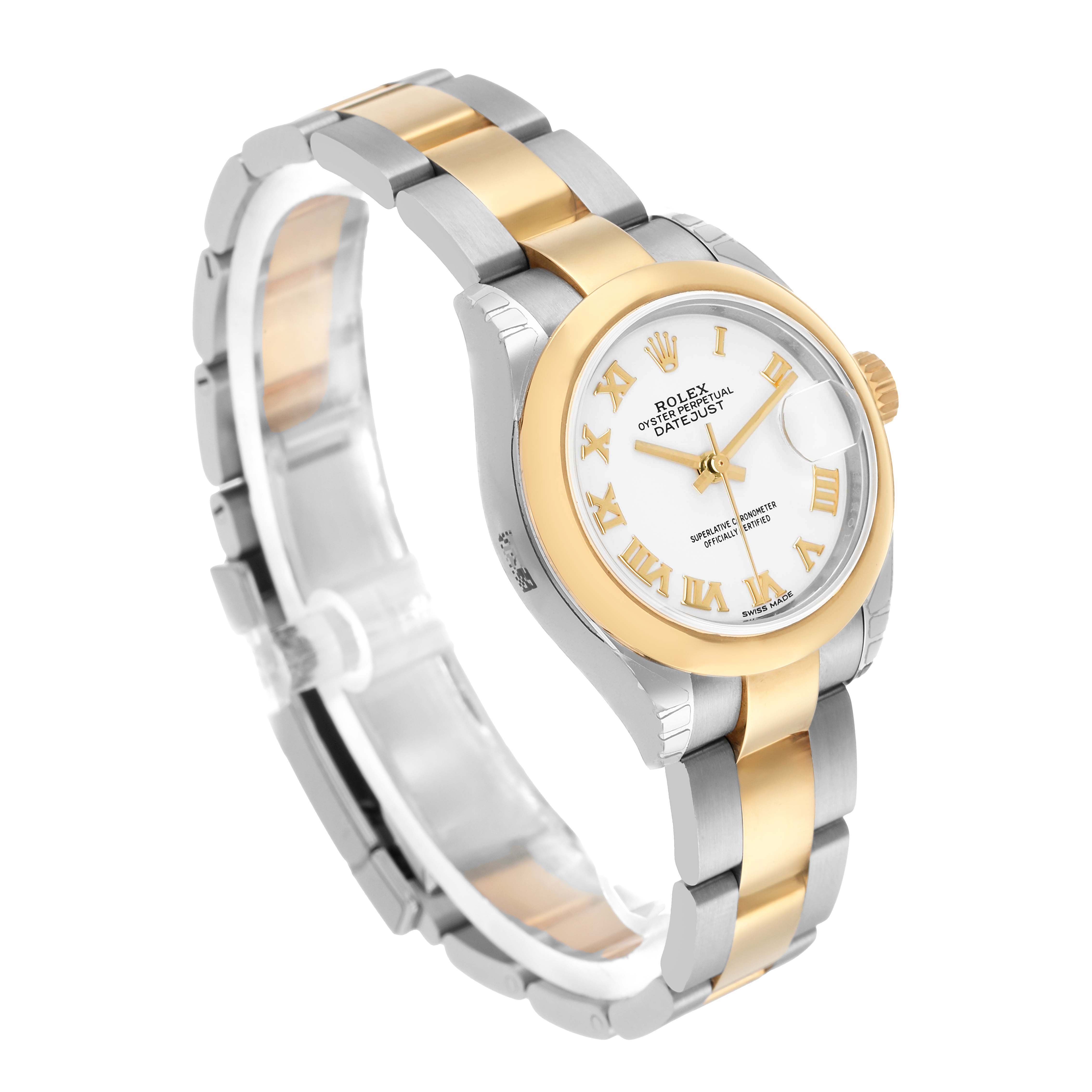 The Rolex Datejust 279163 Women's Steel and Gold (two tone) White Dial watch is shown from an angled top view, highlighting its two-tone bracelet and white dial with gold Roman numerals.
