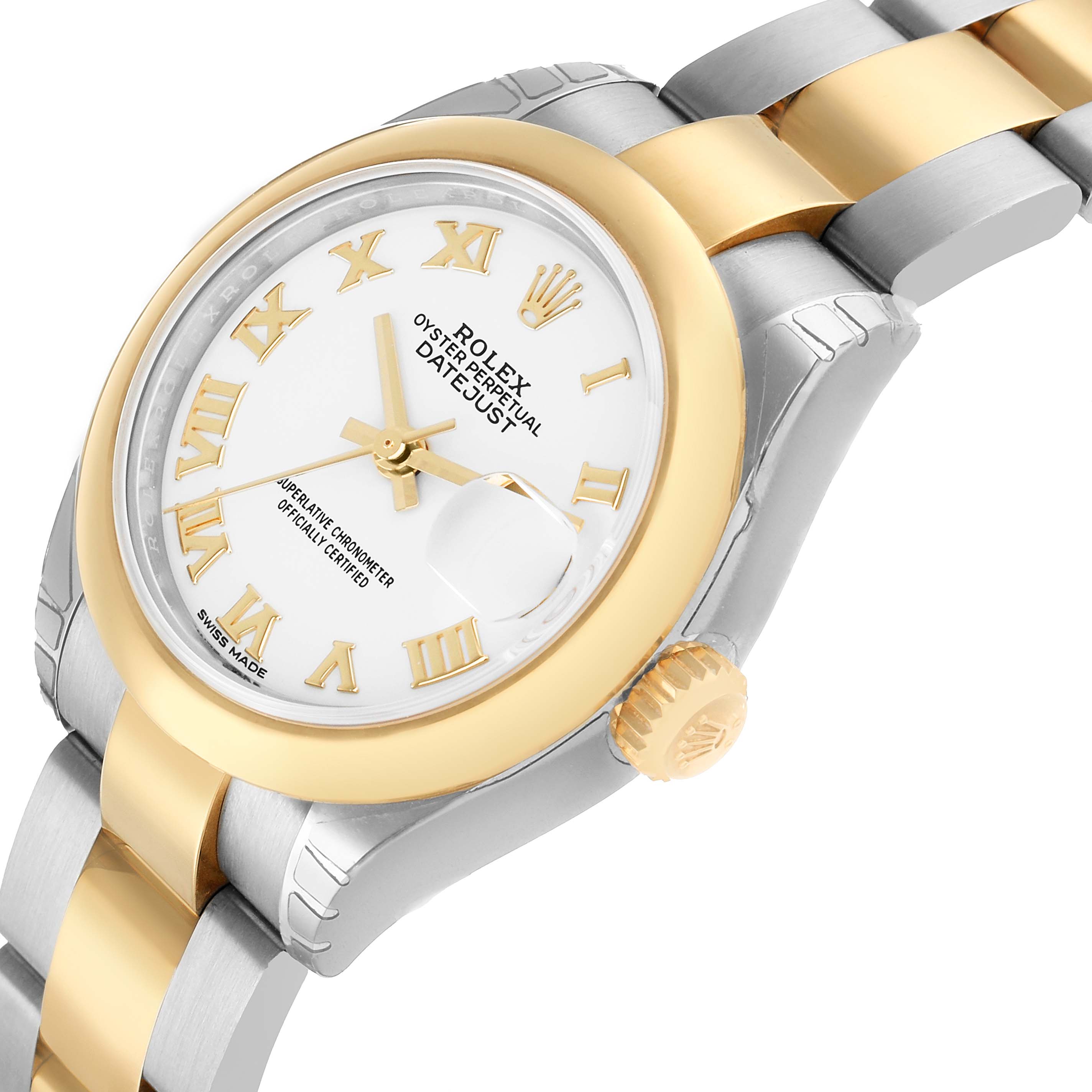 The Rolex Datejust 279163 Women's Steel and Gold (two tone) White Dial watch is shown at an angled view, highlighting the bezel, dial, and bracelet.