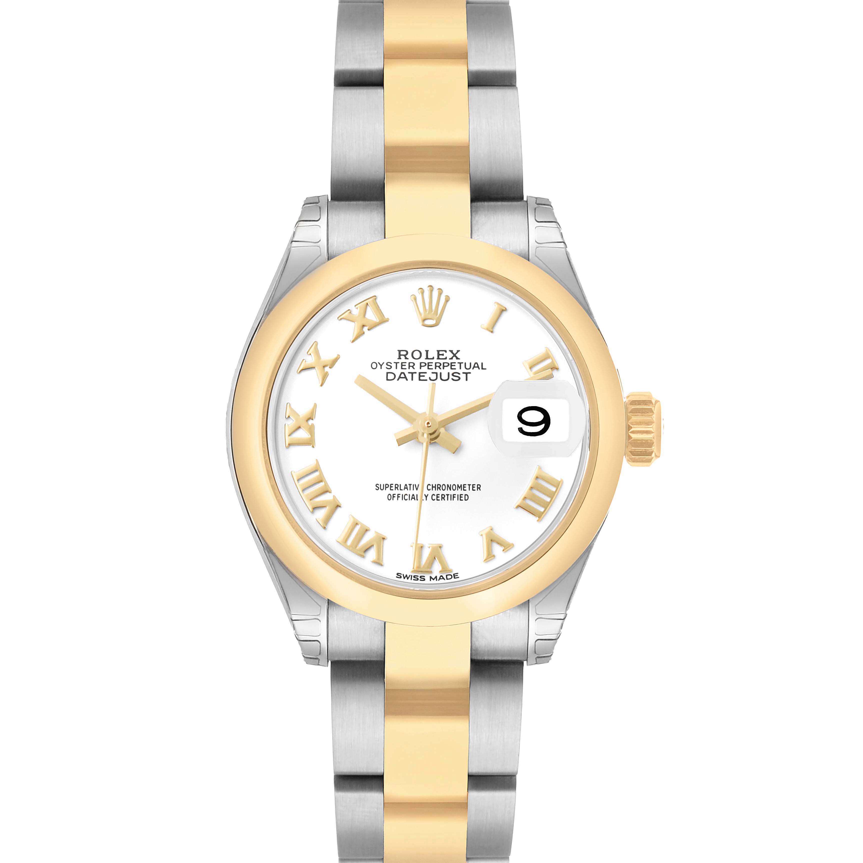 The Rolex Datejust 279163 Women's Steel and Gold (two tone) White Dial watch is shown front-facing, highlighting its dial, bezel, and bracelet.