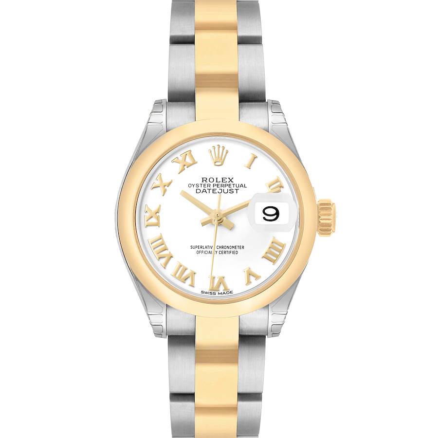 The Rolex Datejust 279163 Women's Steel and Gold (two tone) White Dial watch is shown front-facing, highlighting its dial, bezel, and bracelet.