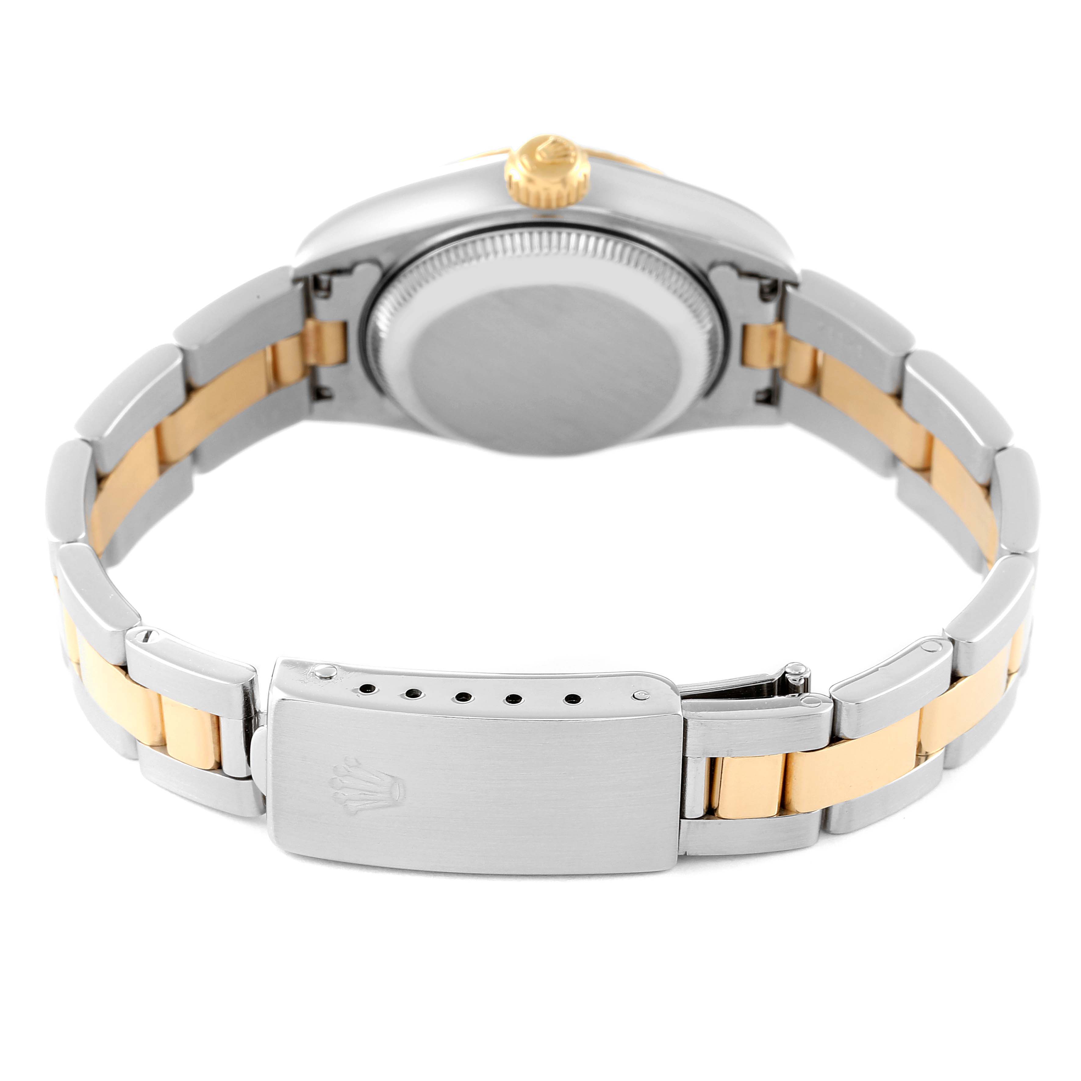 The image shows the backside and bracelet clasp of a Rolex Datejust 69173 Women's Steel and Gold (two tone) White Dial 69173 Women's Steel and Gold (two tone) White Dial watch, highlighting its two-tone metal design.