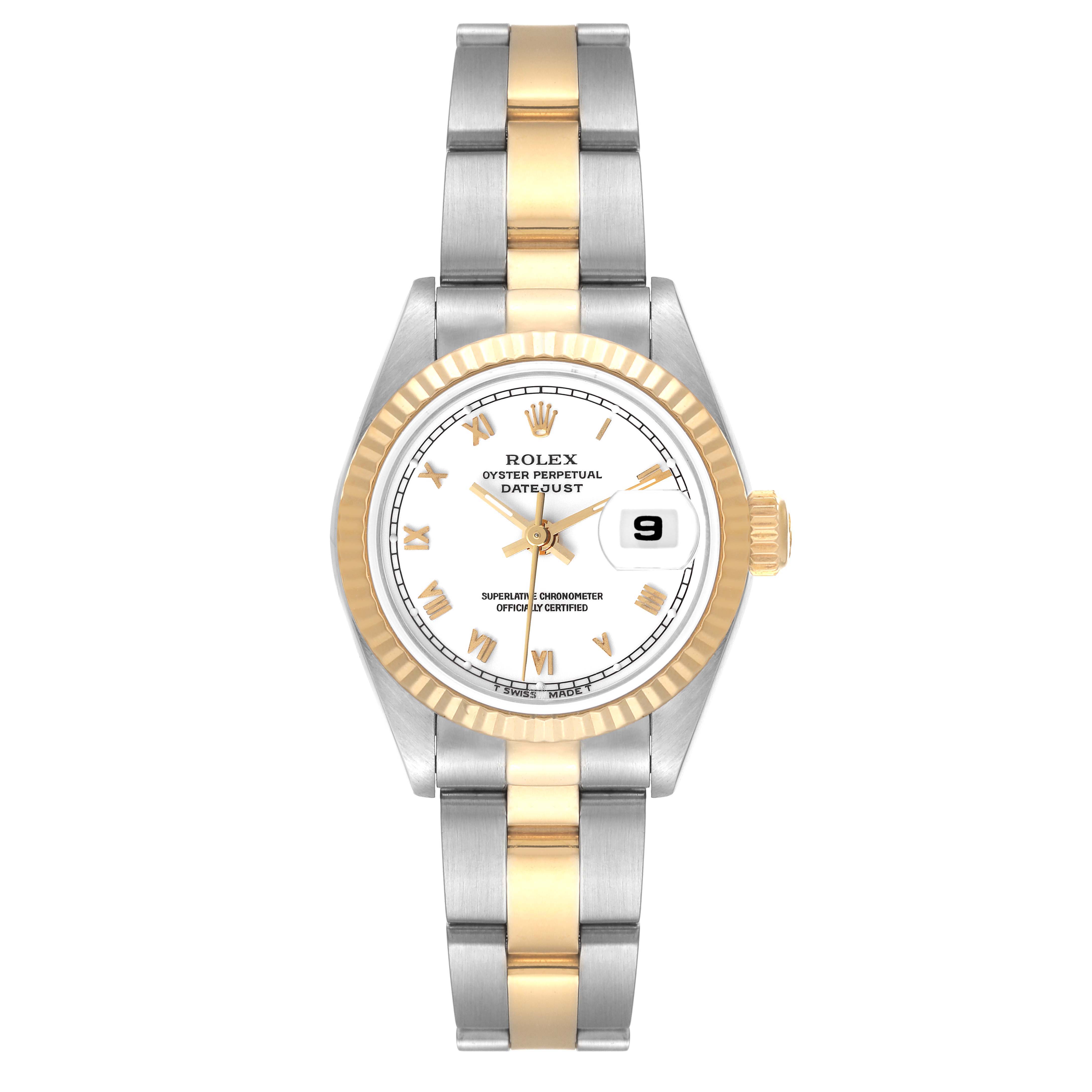 This Rolex Datejust 69173 Women's Steel and Gold (two tone) White Dial 69173 Women's Steel and Gold (two tone) White Dial watch is shown from a front angle, highlighting its two-tone bracelet, dial, and date window.