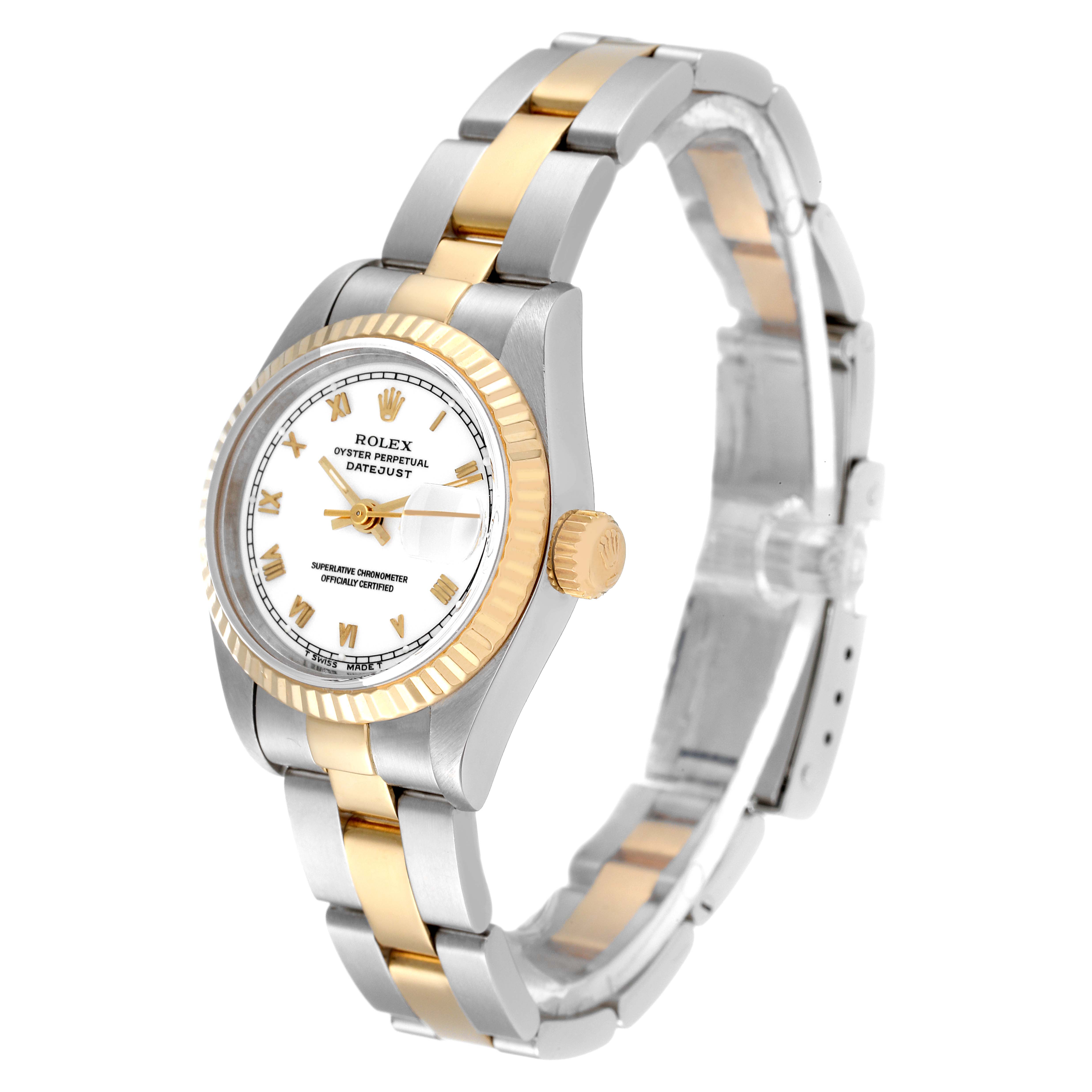 The image shows a side-angle view of a Rolex Datejust 69173 Women's Steel and Gold (two tone) White Dial 69173 Women's Steel and Gold (two tone) White Dial watch with a two-tone metal band and a fluted bezel.