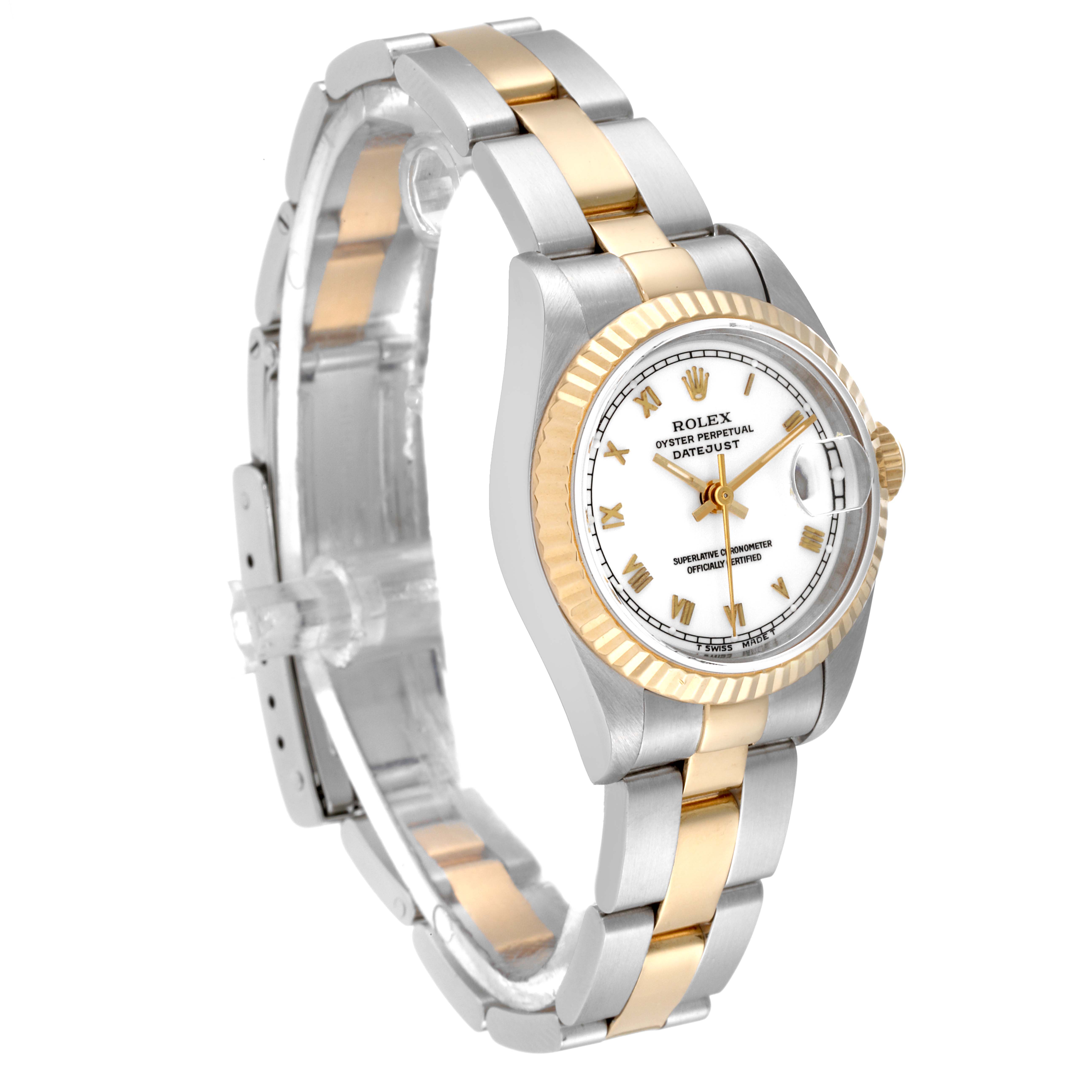 The image shows a Rolex Datejust 69173 Women's Steel and Gold (two tone) White Dial 69173 Women's Steel and Gold (two tone) White Dial watch at a slight angle, highlighting its two-tone bracelet, white dial, and fluted bezel.