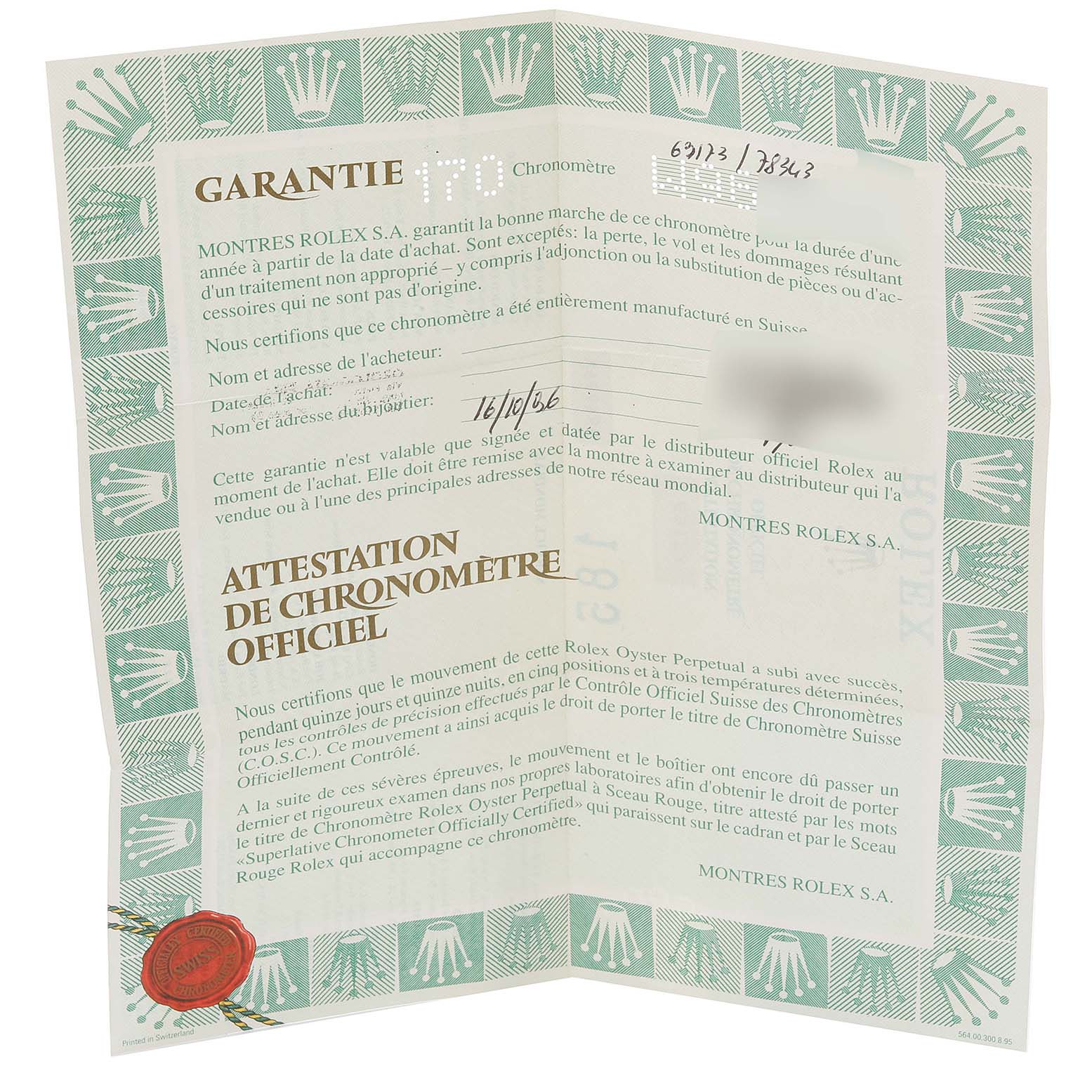 This image shows the warranty and chronometer certificate for a Rolex Datejust 69173 Women's Steel and Gold (two tone) White Dial 69173 Women's Steel and Gold (two tone) White Dial watch.