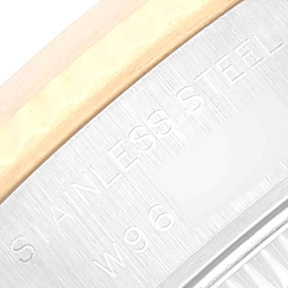 The image shows a close-up of the casing and bezel of a Rolex Datejust 69173 Women's Steel and Gold (two tone) White Dial 69173 Women's Steel and Gold (two tone) White Dial watch, highlighting the stainless steel part.