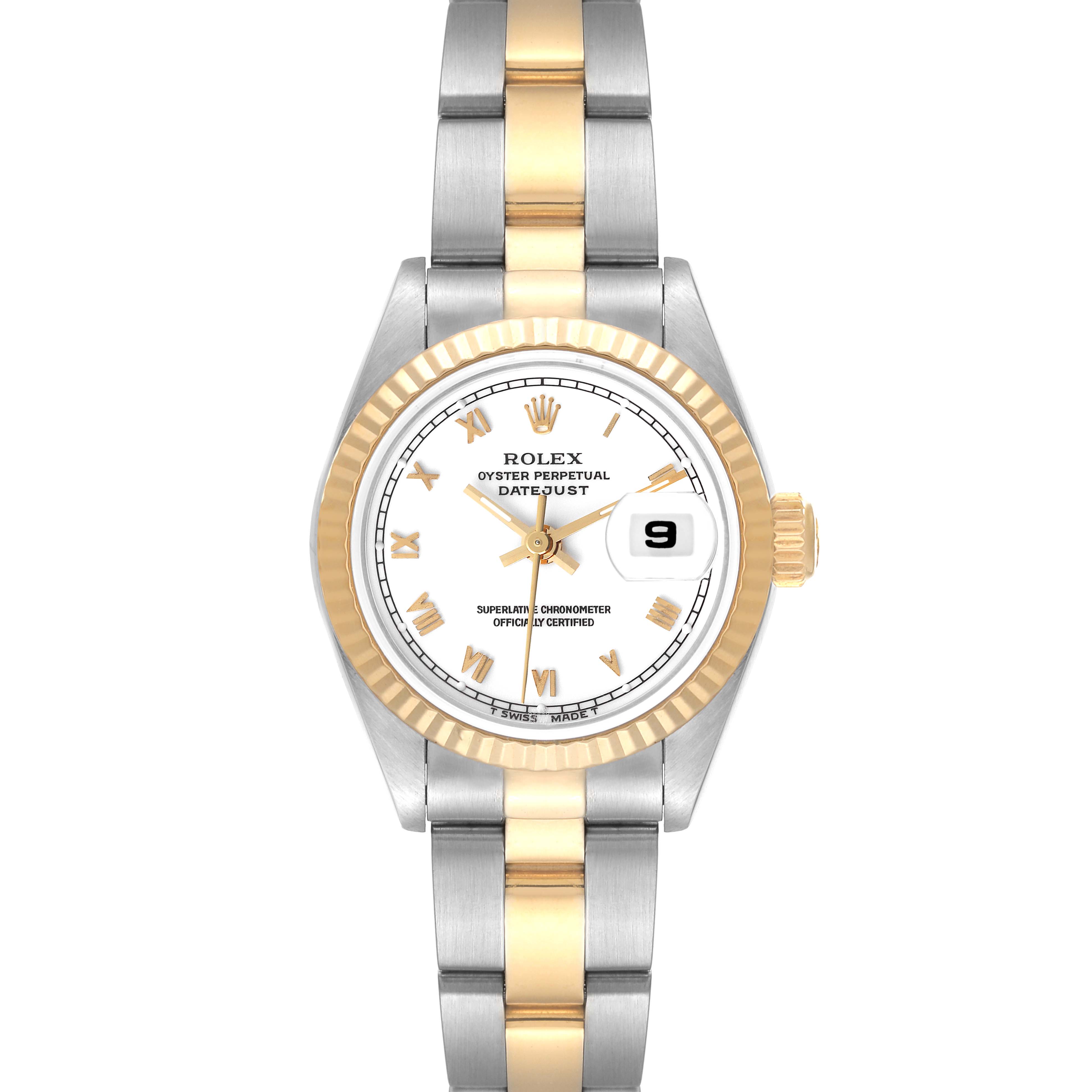 The Rolex Datejust 69173 Women's Steel and Gold (two tone) White Dial 69173 Women's Steel and Gold (two tone) White Dial watch is shown from the front, displaying its dial, bezel, and two-tone bracelet.