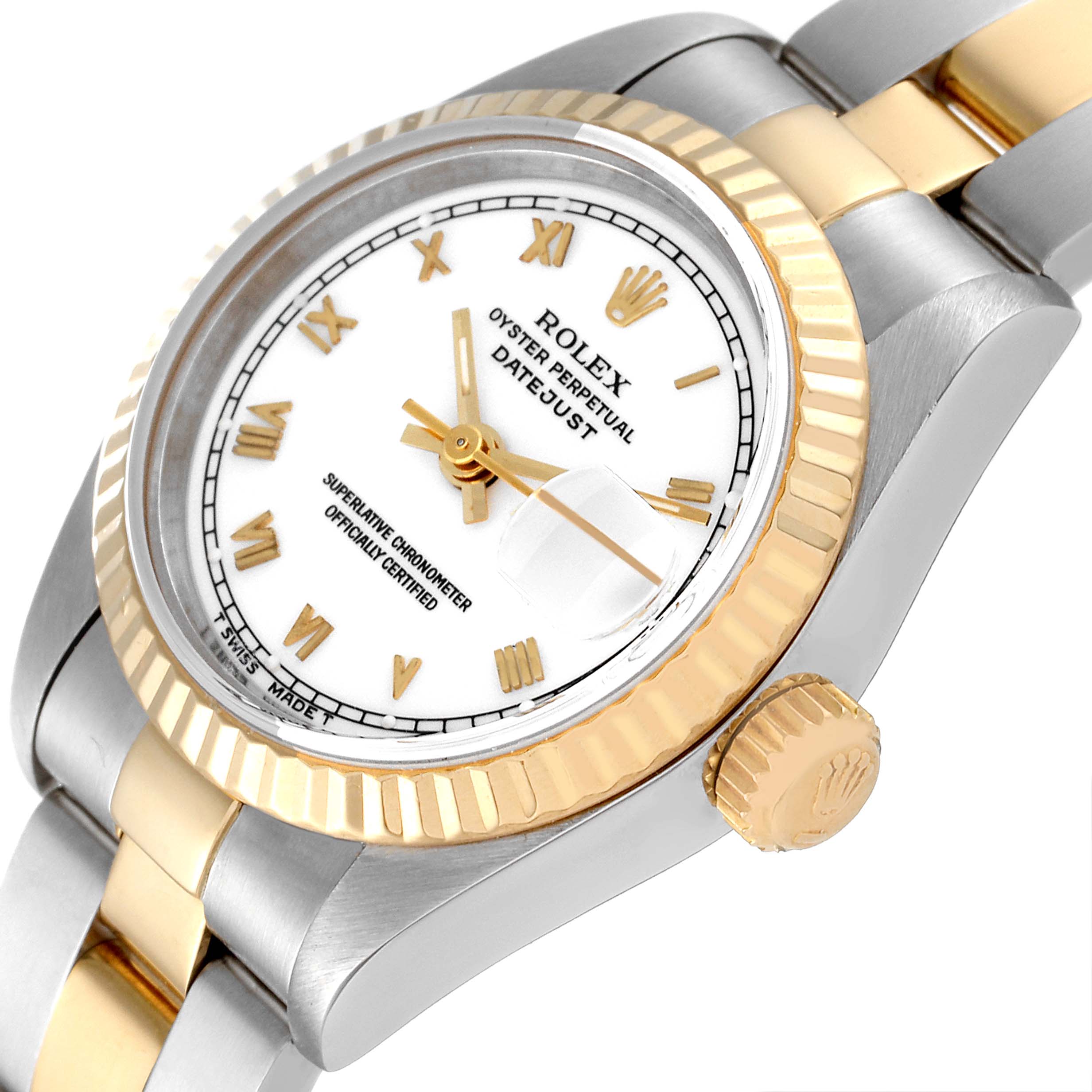 The image shows a close-up, angled view of the Rolex Datejust 69173 Women's Steel and Gold (two tone) White Dial 69173 Women's Steel and Gold (two tone) White Dial watch, featuring its crown, dial, and bracelet.