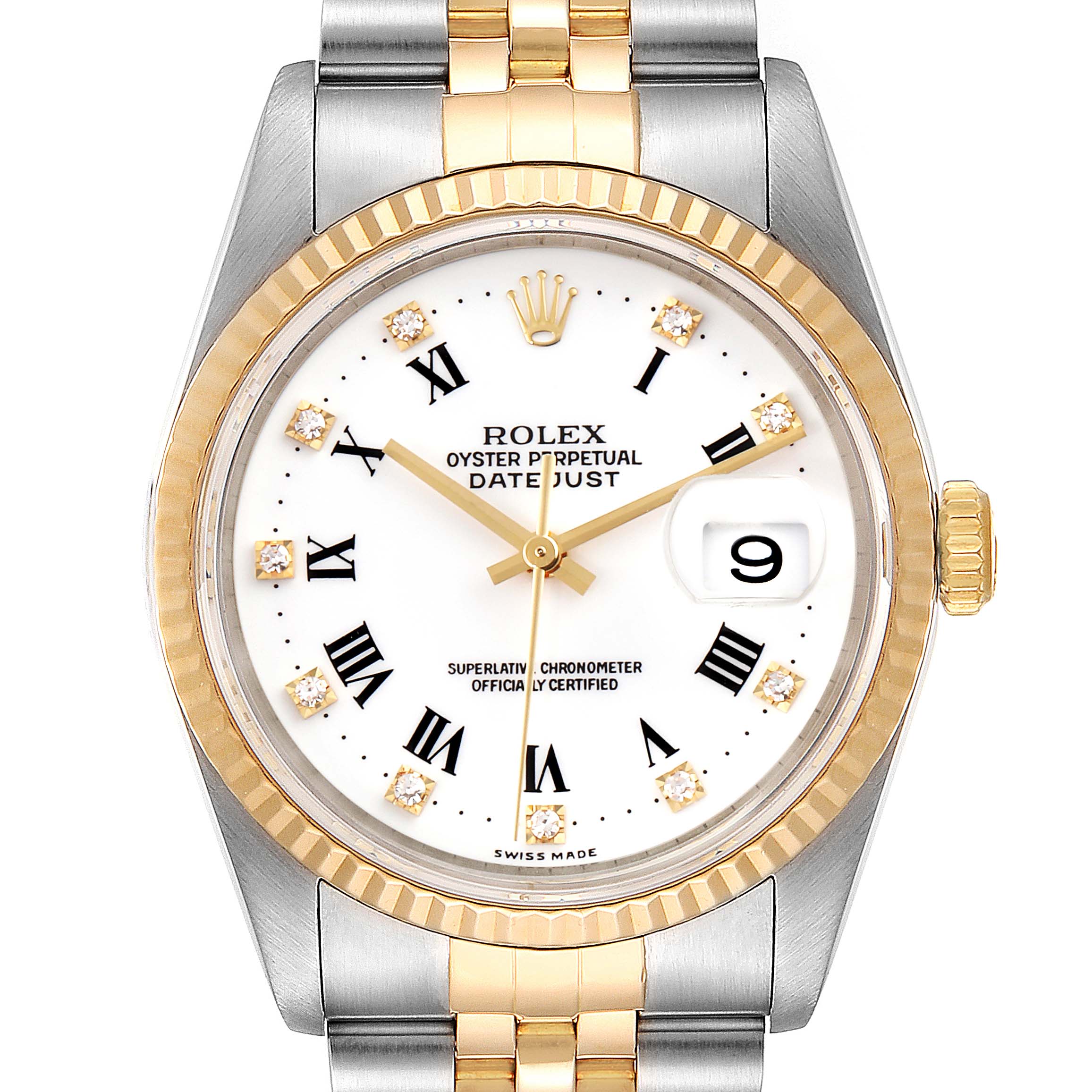 The image shows a front view of a Rolex Datejust 16233 Men's Steel and Gold (two tone) White Dial 16233 Men's Steel and Gold (two tone) White Dial watch, highlighting its dial, bezel, and part of its two-tone bracelet.