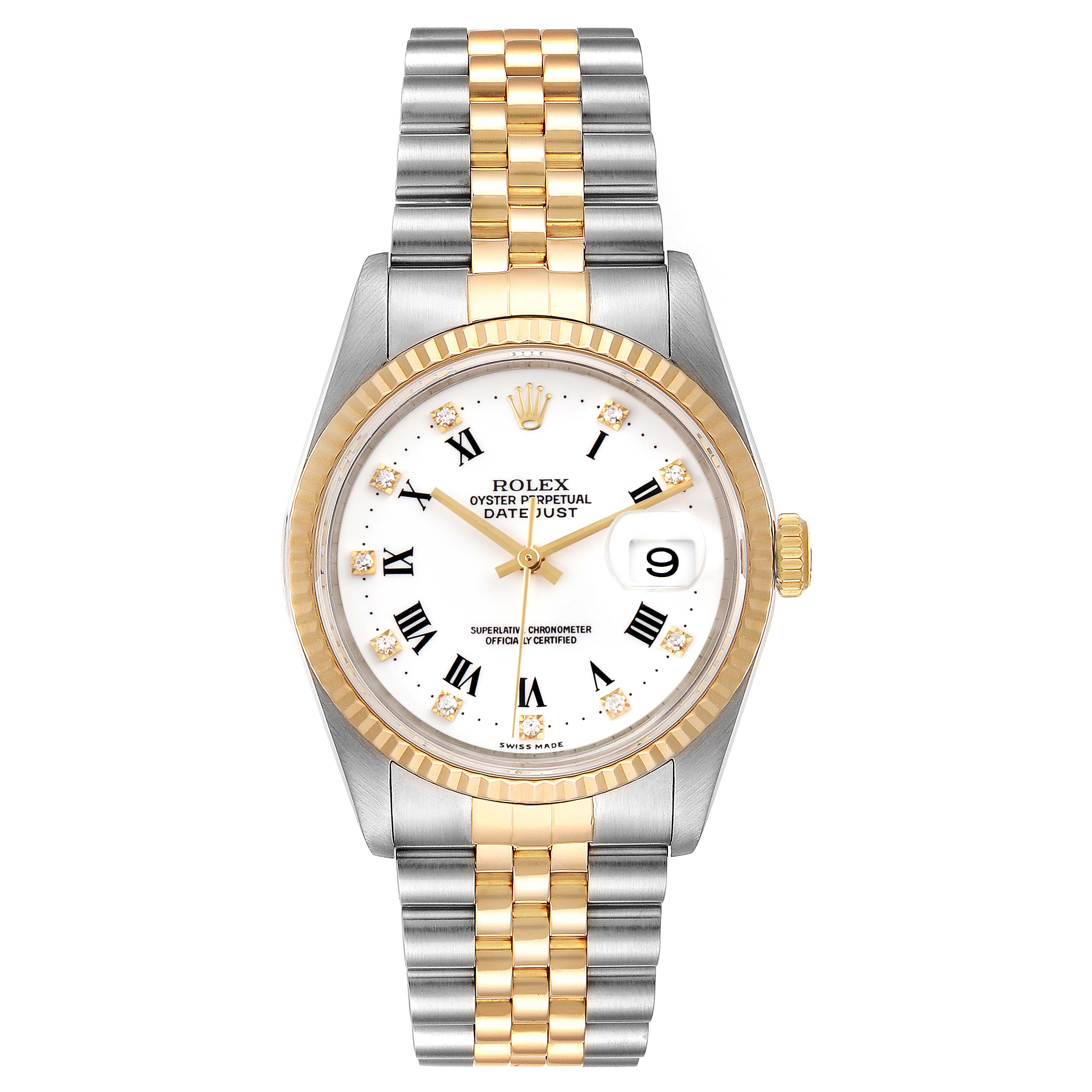 The image shows a front view of a Rolex Datejust 16233 Men's Steel and Gold (two tone) White Dial 16233 Men's Steel and Gold (two tone) White Dial watch, highlighting the dial, bezel, crown, and bicolor bracelet.