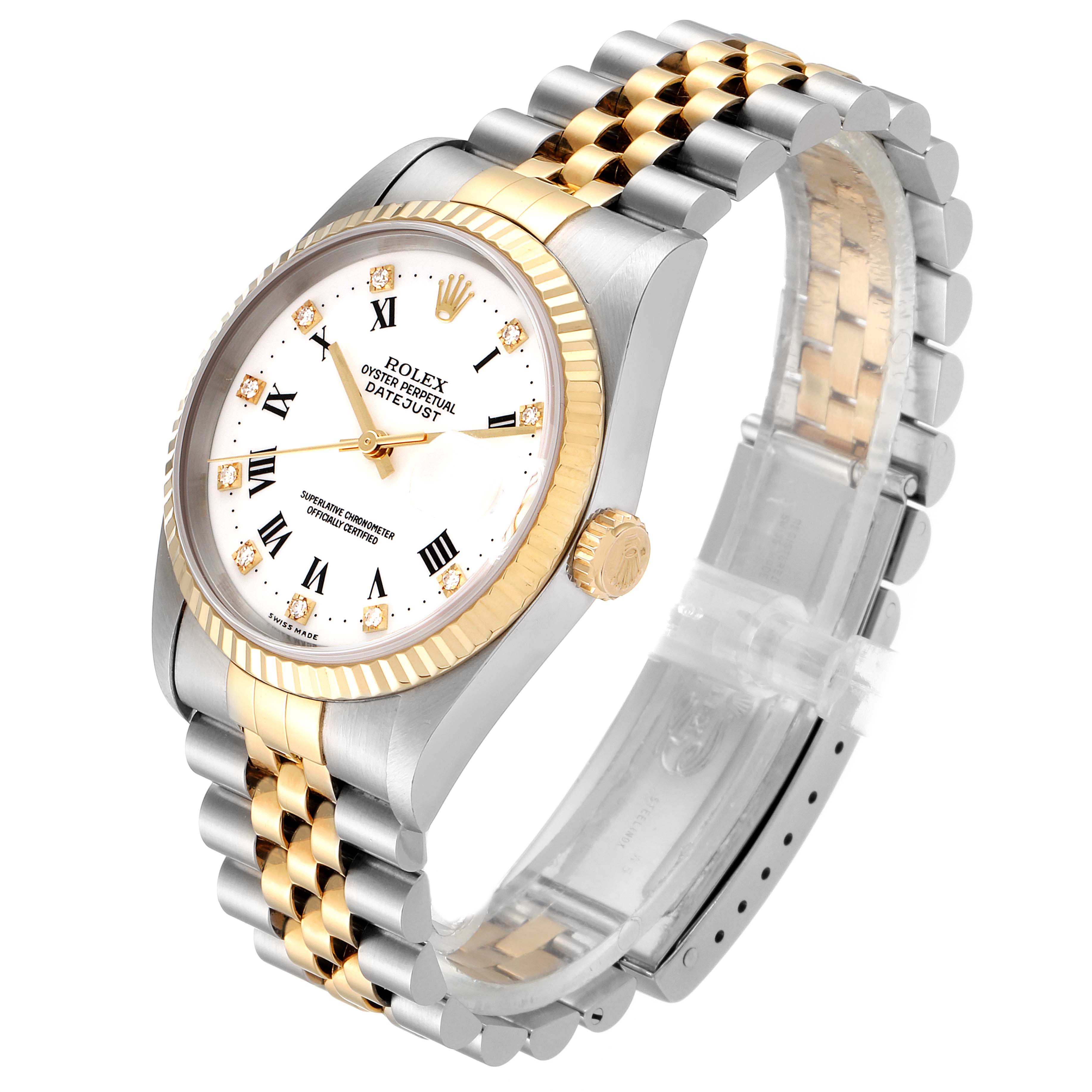 The Rolex Datejust 16233 Men's Steel and Gold (two tone) White Dial 16233 Men's Steel and Gold (two tone) White Dial watch is shown at an angled view, displaying the gold-silver bezel, bracelet, and face.