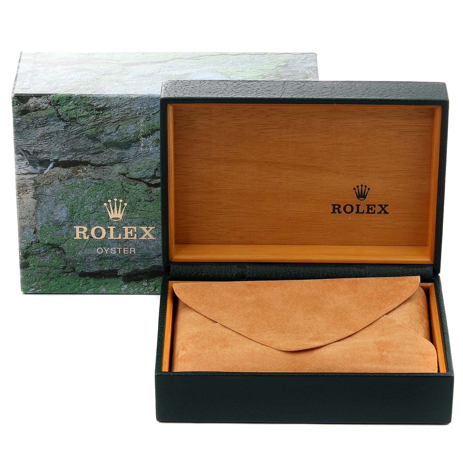 This image shows a Rolex Datejust 16233 Men's Steel and Gold (two tone) White Dial 16233 Men's Steel and Gold (two tone) White Dial watch's box and pouch, with the box open to display the interior.