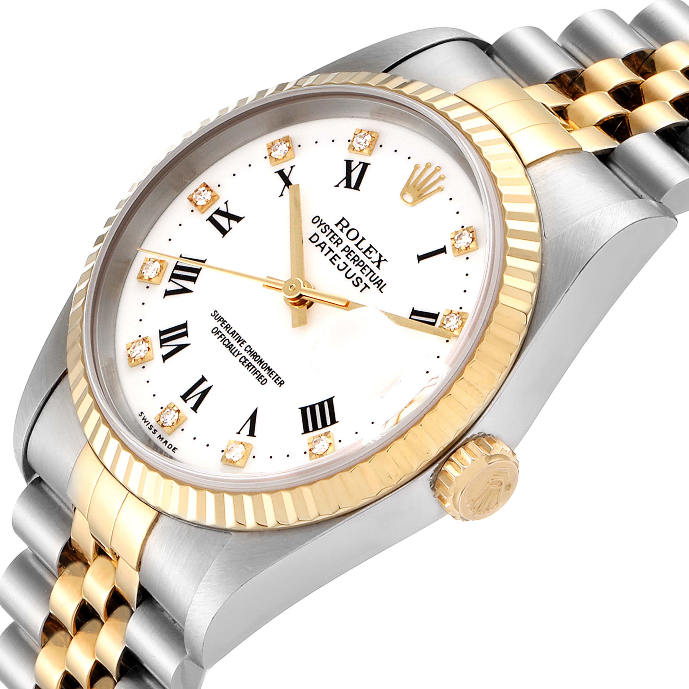 The image shows a close-up angled view of a Rolex Datejust 16233 Men's Steel and Gold (two tone) White Dial 16233 Men's Steel and Gold (two tone) White Dial watch, highlighting the dial, crown, and bi-color jubilee bracelet.