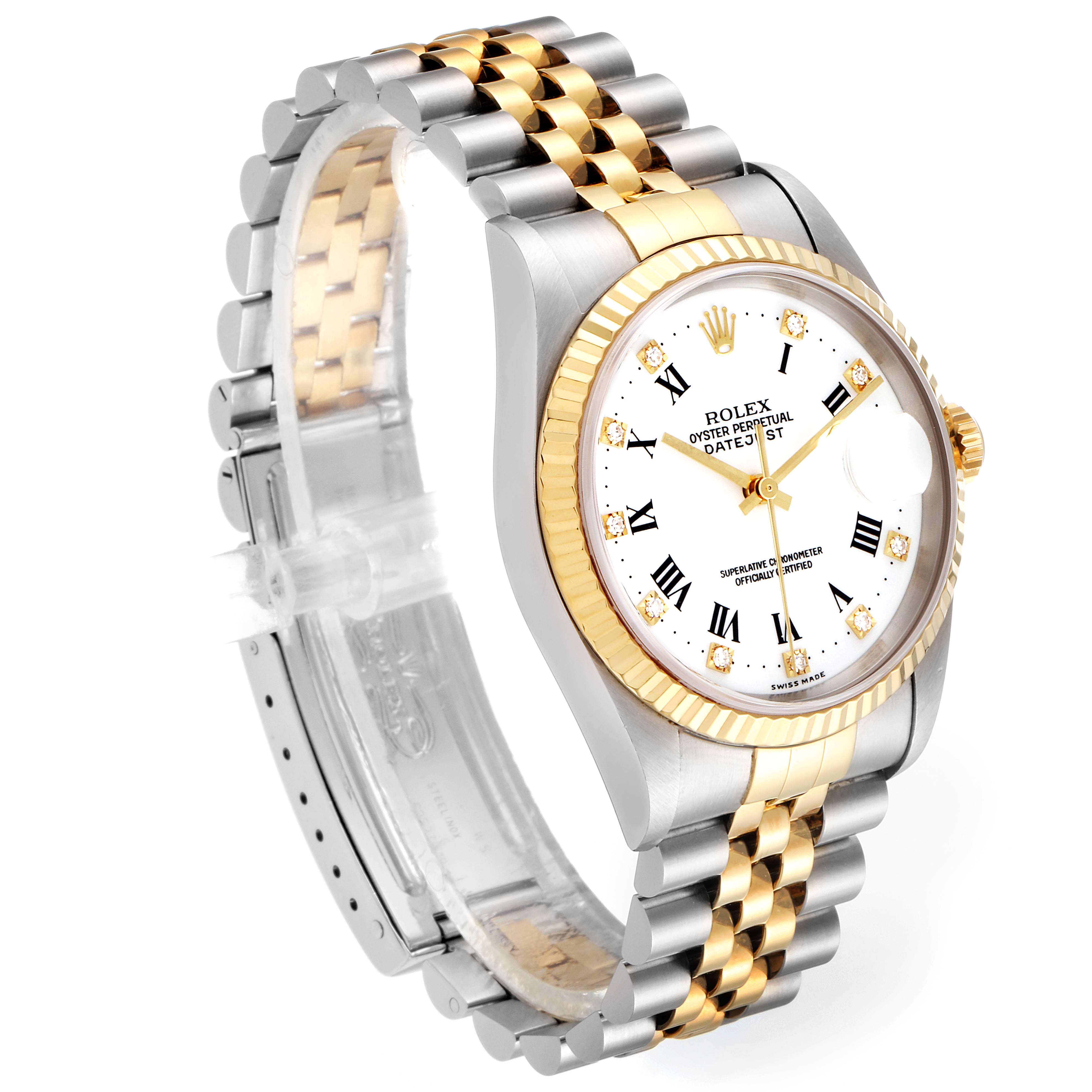 The image shows a Rolex Datejust 16233 Men's Steel and Gold (two tone) White Dial 16233 Men's Steel and Gold (two tone) White Dial model watch at a slight angle highlighting its two-tone bracelet and white dial.