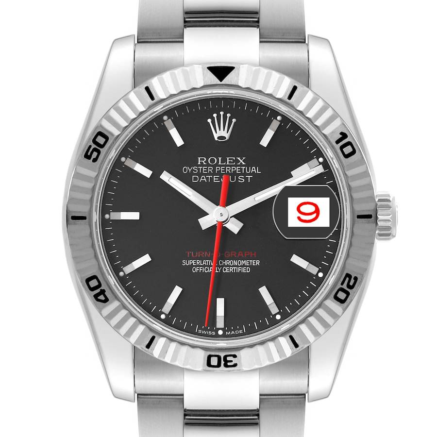 The Rolex Turn-o-Graph watch is shown from a direct front angle, featuring the bezel, dial, and bracelet.