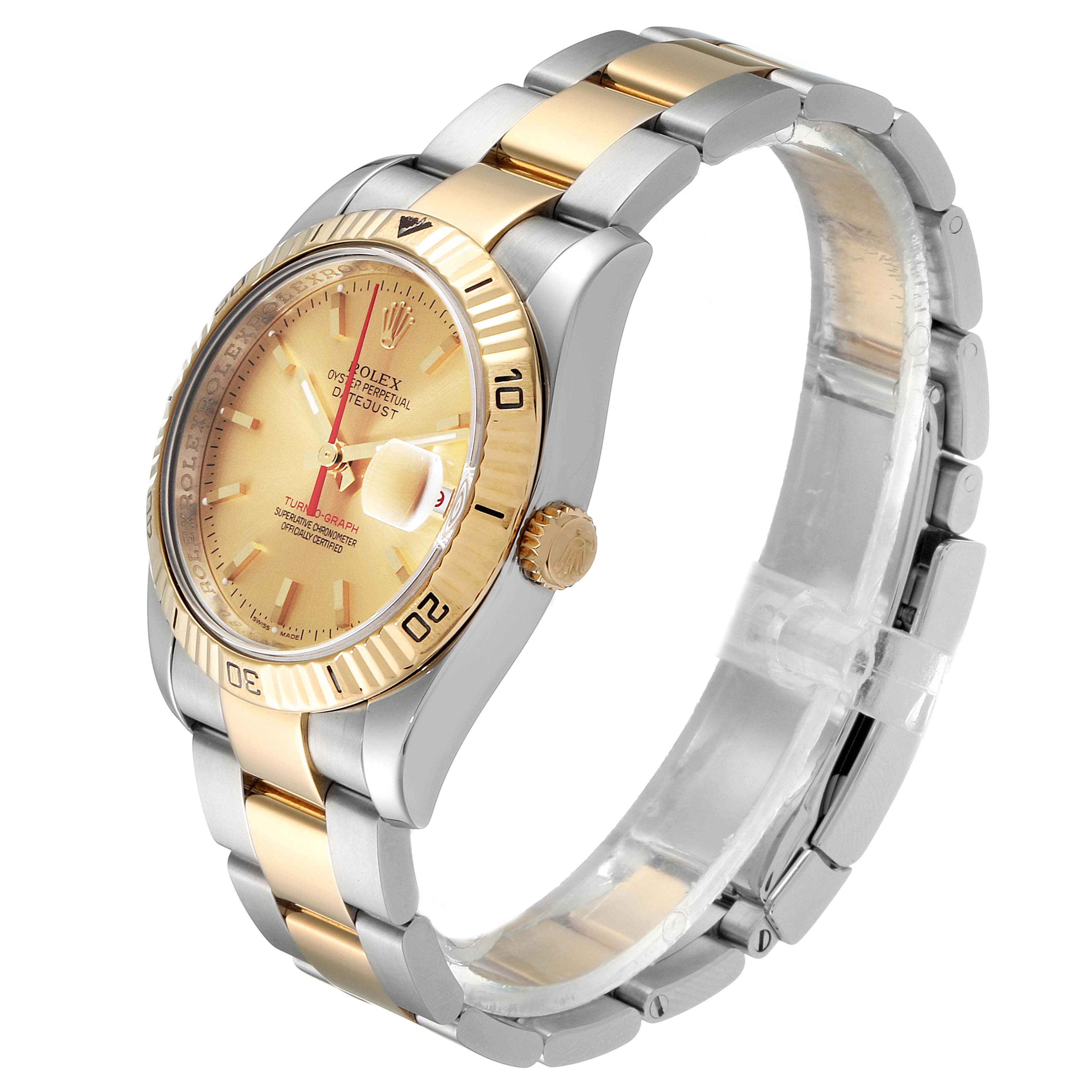 This image shows a Rolex Turn-o-Graph 116263 Men
s Steel and Gold (two tone) Champagne Dial 116263 Men
s Steel and Gold (two tone) Champagne Dial watch from a side angle, highlighting the dial, bezel, case, and bracelet.