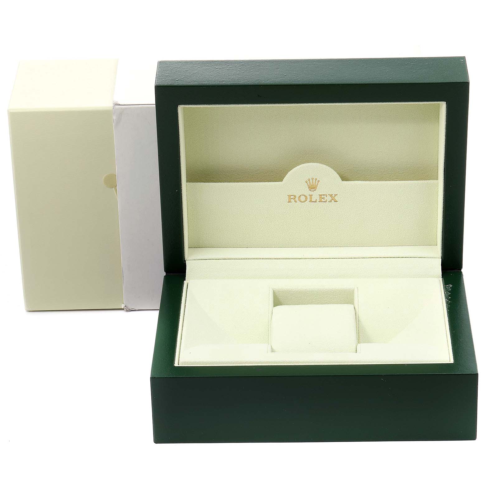 This image shows the open box for a Rolex Turn-o-Graph 116263 Men
s Steel and Gold (two tone) Champagne Dial 116263 Men
s Steel and Gold (two tone) Champagne Dial watch, with an empty watch slot and Rolex branding visible.
