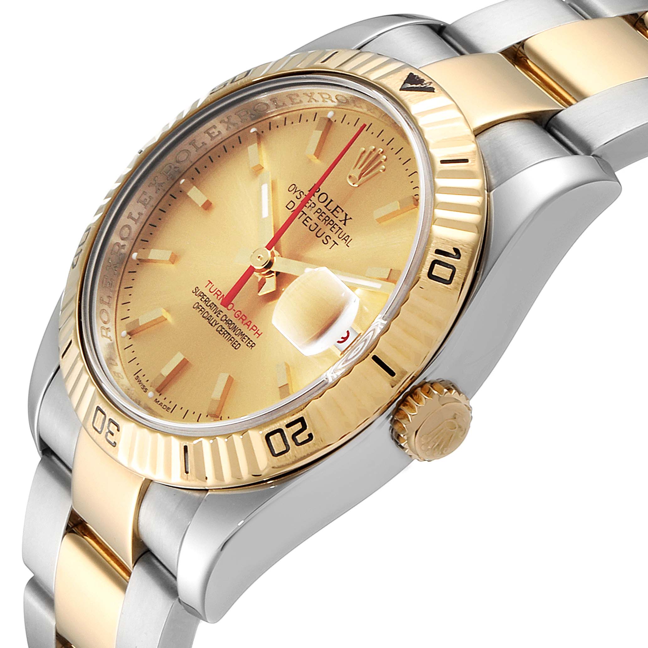 The Rolex Turn-o-Graph 116263 Men
s Steel and Gold (two tone) Champagne Dial 116263 Men
s Steel and Gold (two tone) Champagne Dial watch is shown at a tilted angle, highlighting the gold dial, bezel, and part of the bracelet.