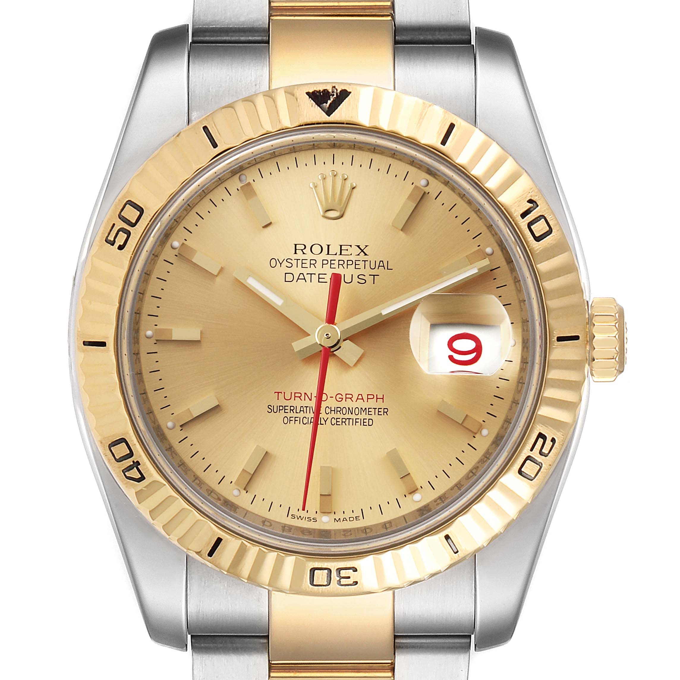 The Rolex Turn-o-Graph 116263 Men
s Steel and Gold (two tone) Champagne Dial 116263 Men
s Steel and Gold (two tone) Champagne Dial watch is shown from a front angle, displaying its face, bezel, hands, crown, and bracelet.
