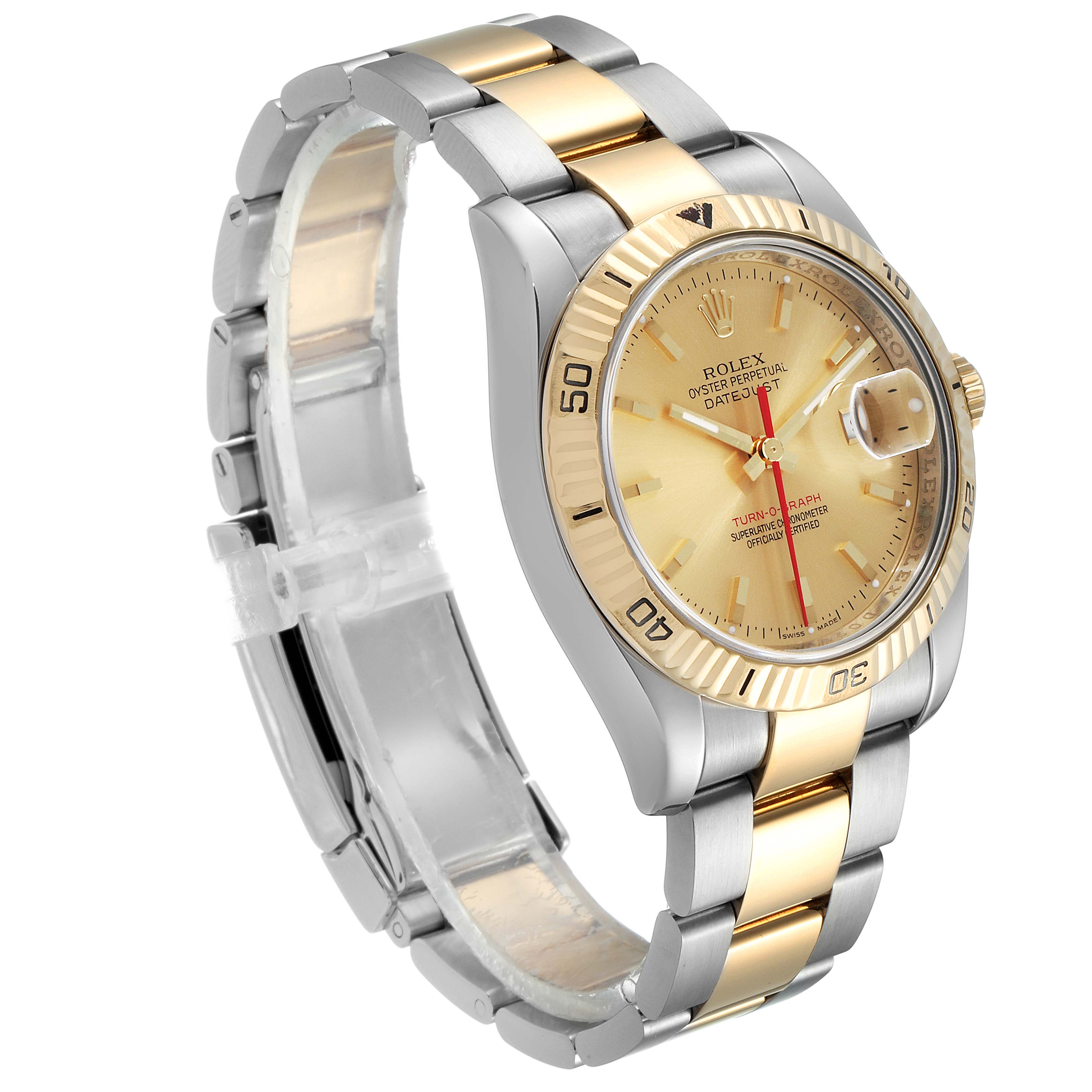 This image shows a Rolex Turn-o-Graph 116263 Men
s Steel and Gold (two tone) Champagne Dial 116263 Men
s Steel and Gold (two tone) Champagne Dial watch at a three-quarter angle, displaying the face, bezel, and bracelet.