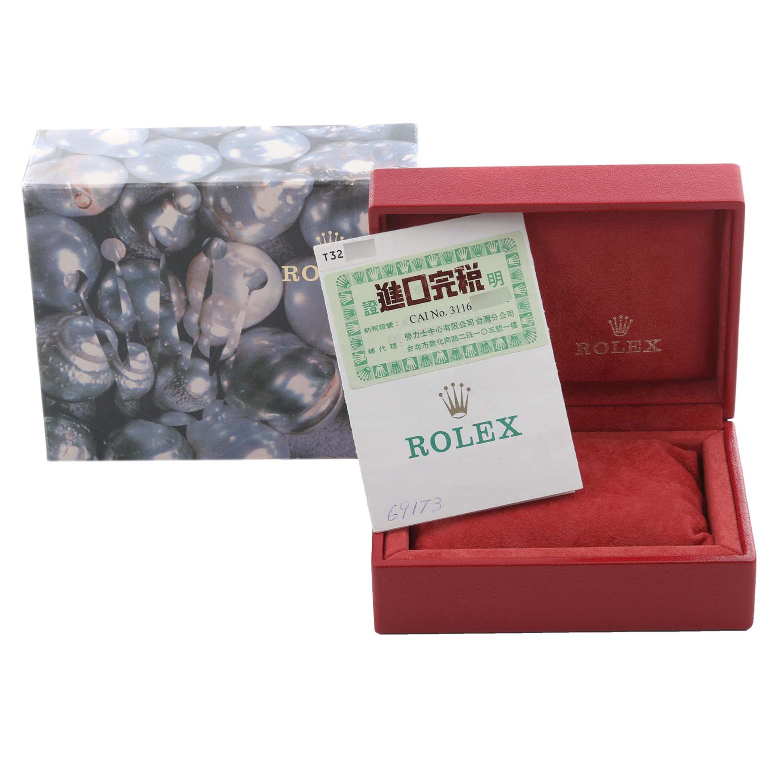 The image shows a Rolex Datejust 69173 Women's Steel and Gold (two tone) Blue Dial 69173 Women's Steel and Gold (two tone) Blue Dial box with protective papers, angled open to display the interior.