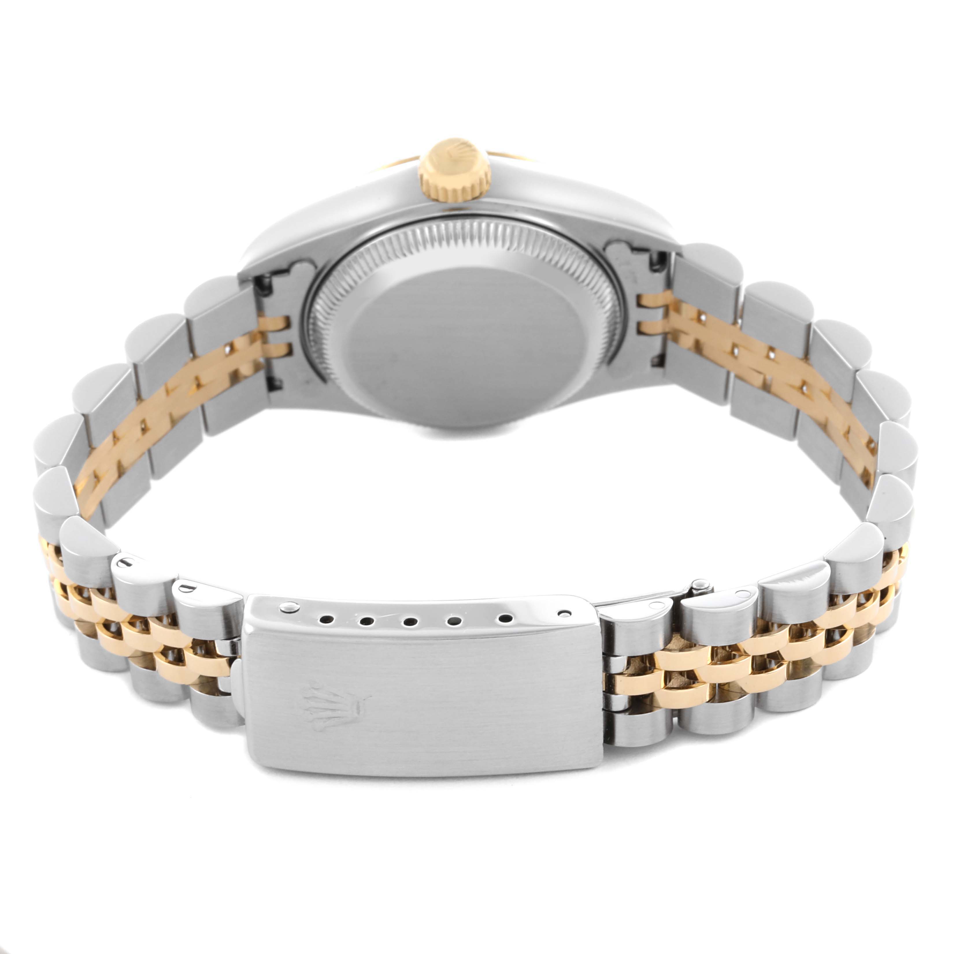 The image shows the back view of a Rolex Datejust 69173 Women's Steel and Gold (two tone) Blue Dial 69173 Women's Steel and Gold (two tone) Blue Dial, highlighting the case back, crown, and Jubilee bracelet with deployment clasp.