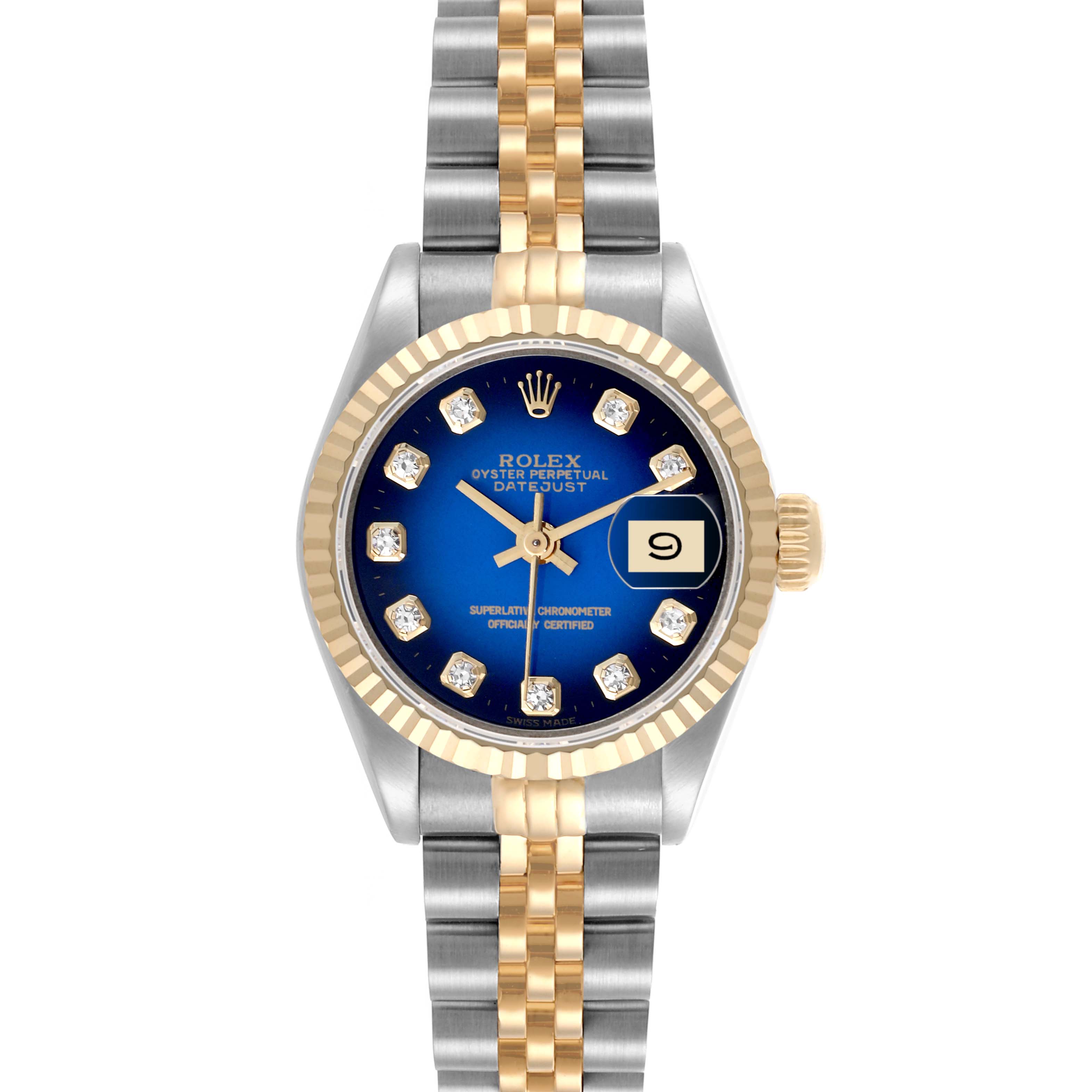The Rolex Datejust 69173 Women's Steel and Gold (two tone) Blue Dial 69173 Women's Steel and Gold (two tone) Blue Dial watch is shown from the front, displaying its face, bracelet, and clasp.