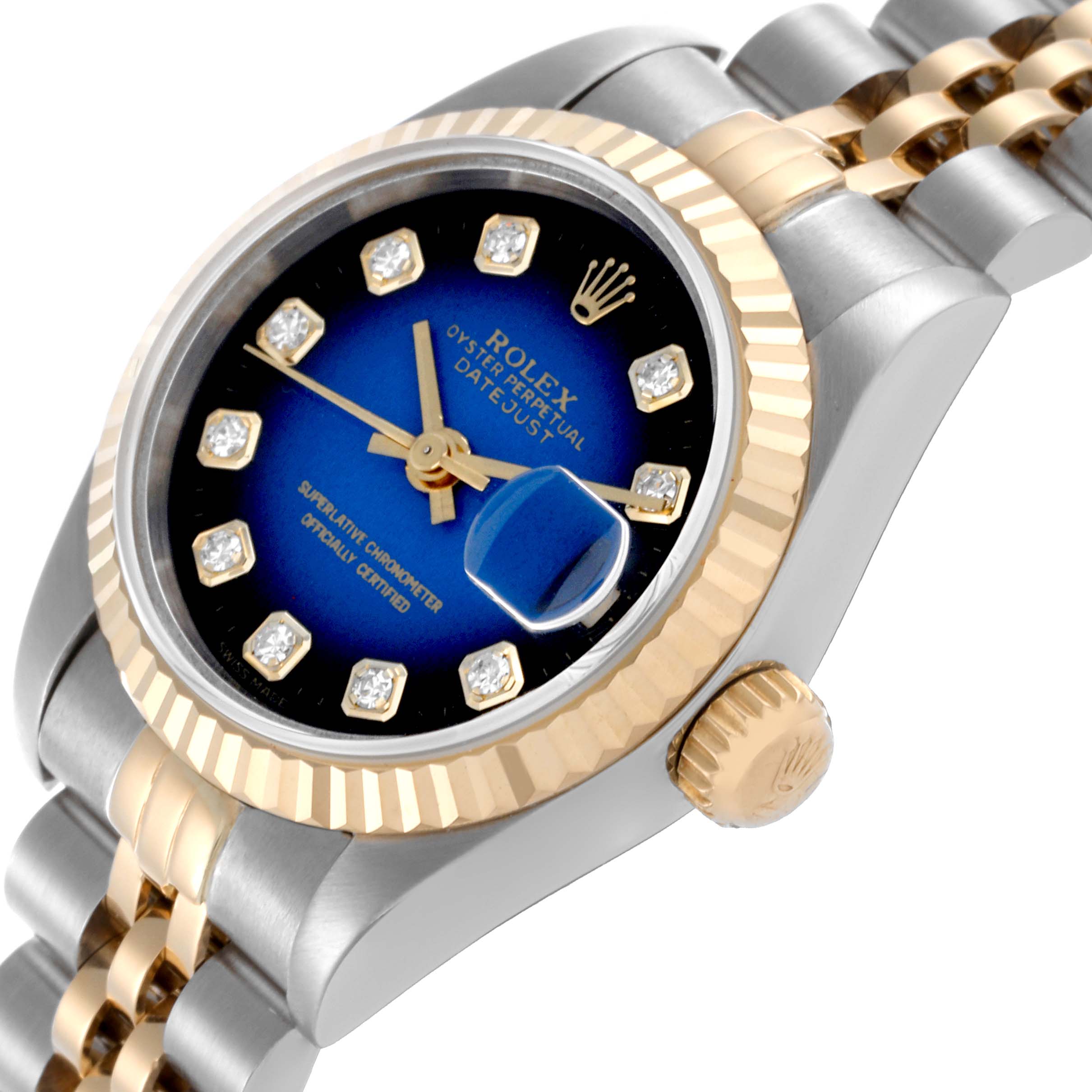 The Rolex Datejust 69173 Women's Steel and Gold (two tone) Blue Dial 69173 Women's Steel and Gold (two tone) Blue Dial watch is shown at an angle highlighting the dial, bezel, and crown.