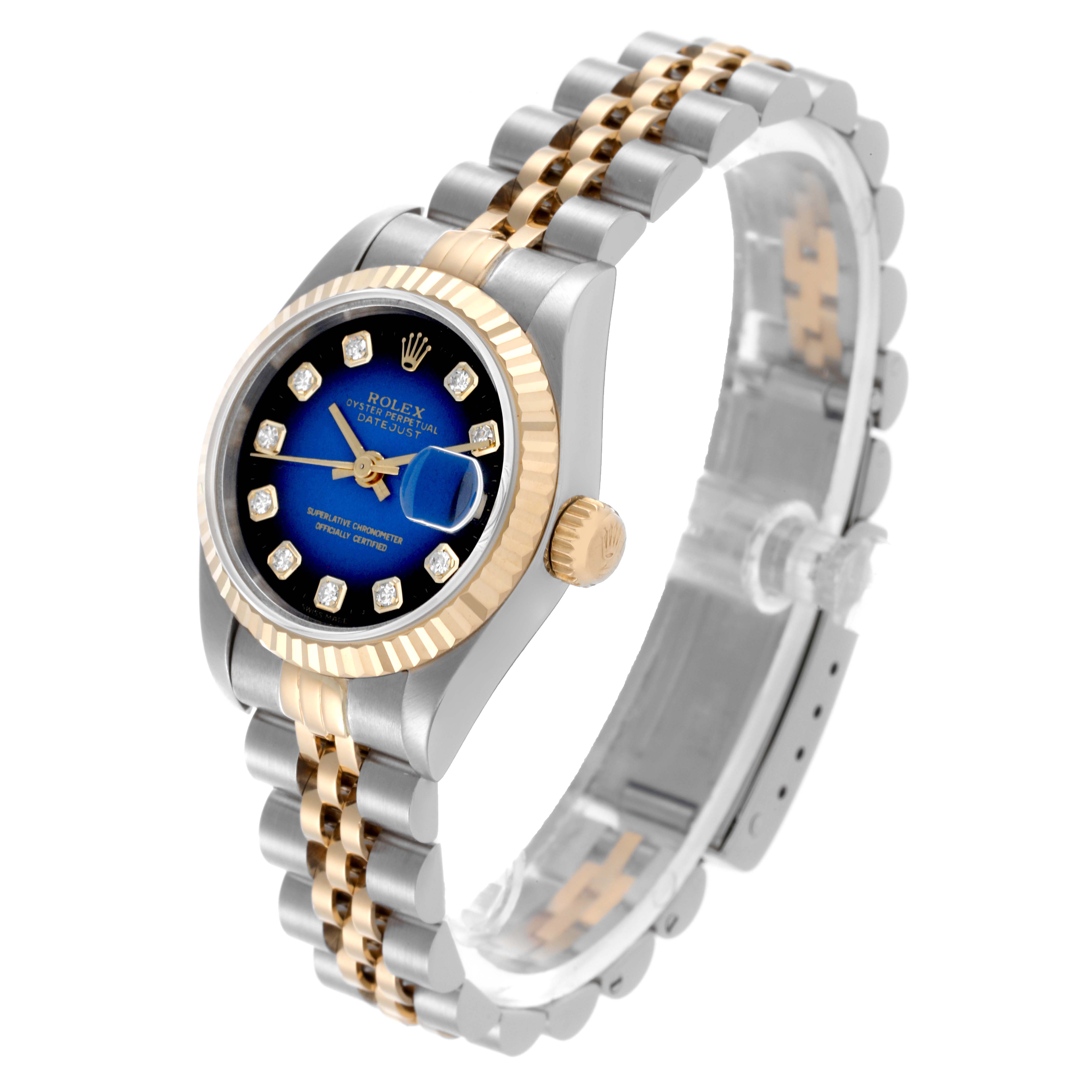 The Rolex Datejust 69173 Women's Steel and Gold (two tone) Blue Dial 69173 Women's Steel and Gold (two tone) Blue Dial watch is shown at a three-quarter angle, highlighting the dial, case, bezel, crown, and bracelet.