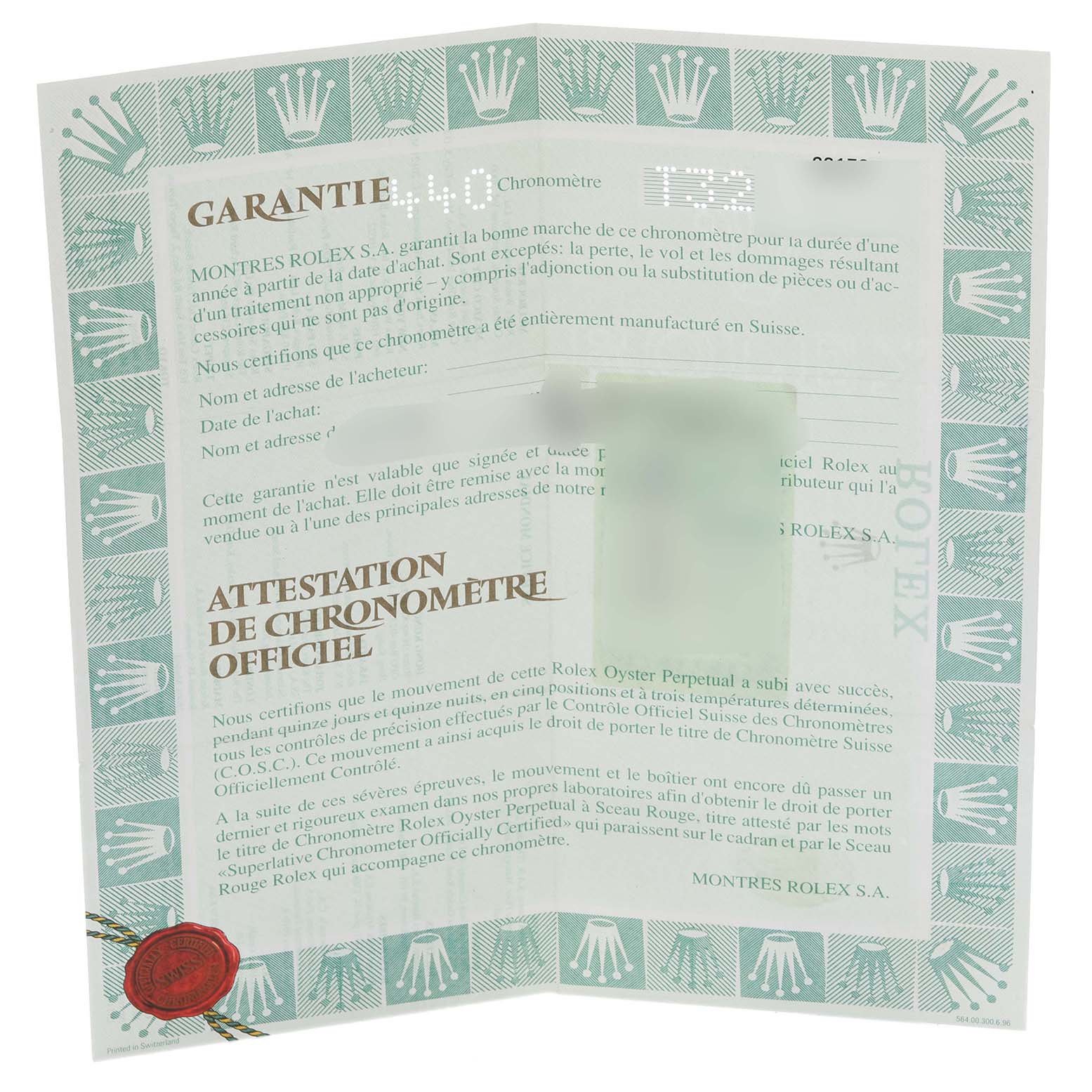 The image shows a warranty card for a Rolex Datejust 69173 Women's Steel and Gold (two tone) Blue Dial 69173 Women's Steel and Gold (two tone) Blue Dial watch.