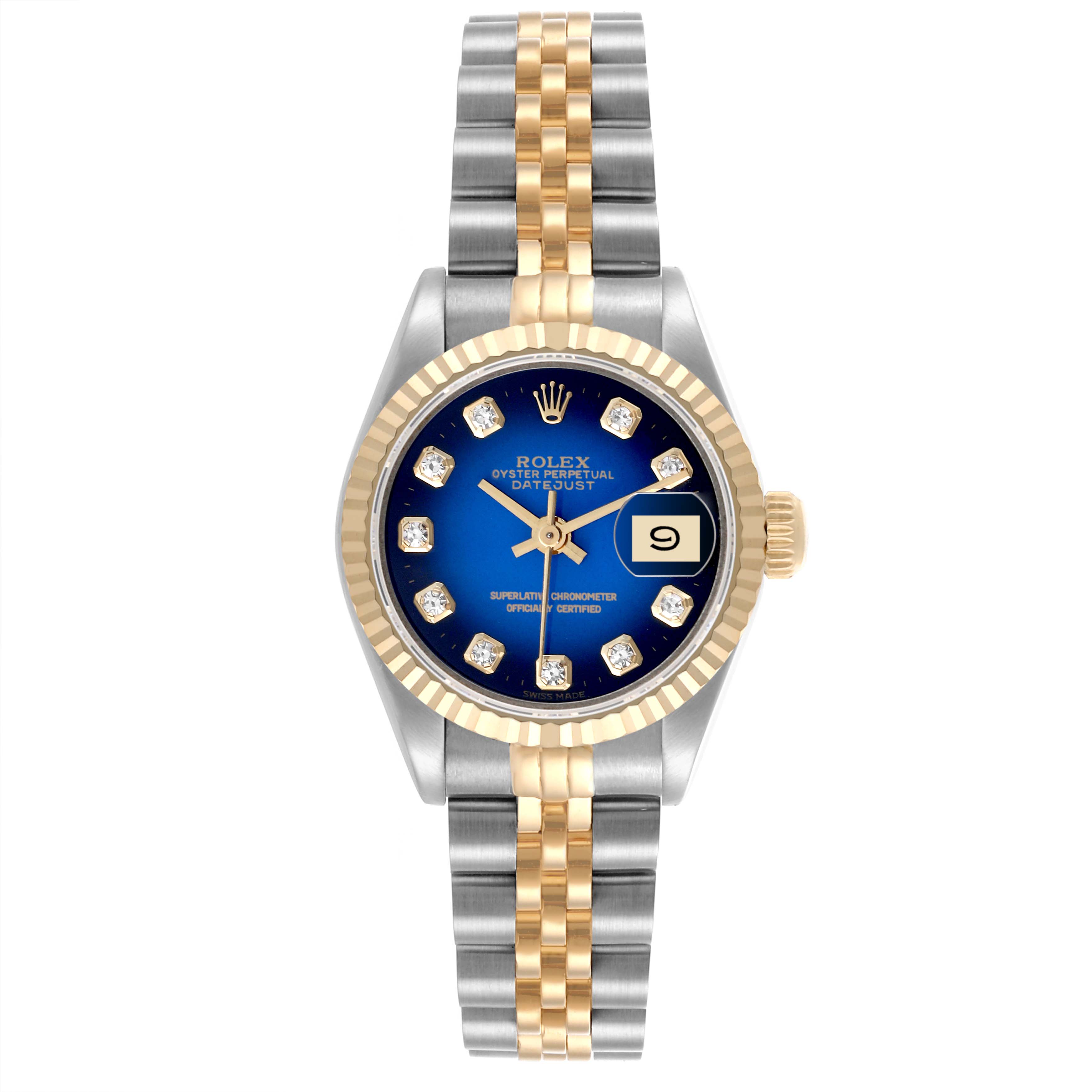 The Rolex Datejust 69173 Women's Steel and Gold (two tone) Blue Dial 69173 Women's Steel and Gold (two tone) Blue Dial watch is shown from the front, displaying its blue dial, gold bezel, and two-tone bracelet.
