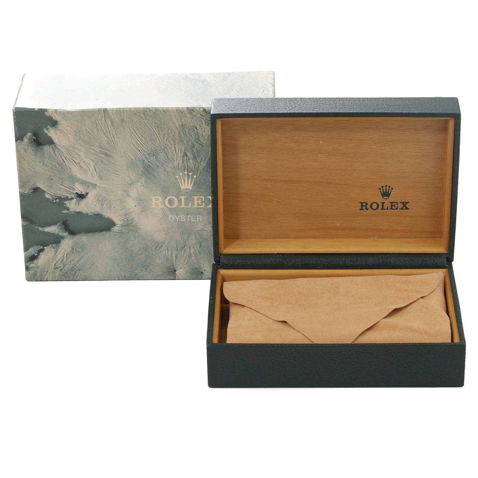 This image shows the packaging of a Rolex Datejust 16233 Men's Steel and Gold (two tone) White Dial 16233 Men's Steel and Gold (two tone) White Dial, including an open green and wood watch box and its outer sleeve.