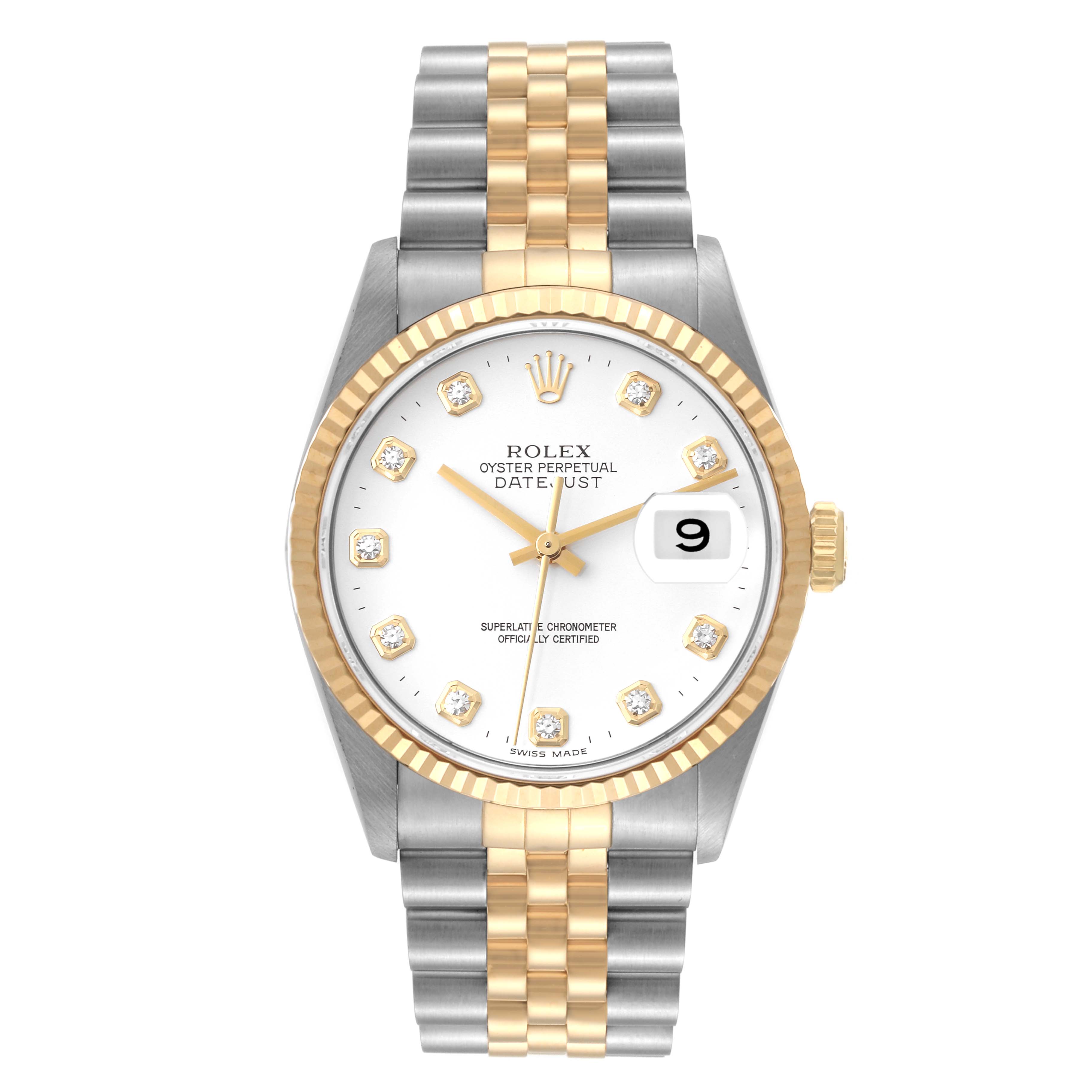 This Rolex Datejust 16233 Men's Steel and Gold (two tone) White Dial 16233 Men's Steel and Gold (two tone) White Dial watch is shown from a front angle displaying the face, bezel, and two-tone bracelet.