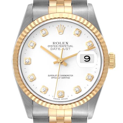 The image shows a Rolex Datejust watch from the front, highlighting the dial, hands, date display, and part of the bracelet.