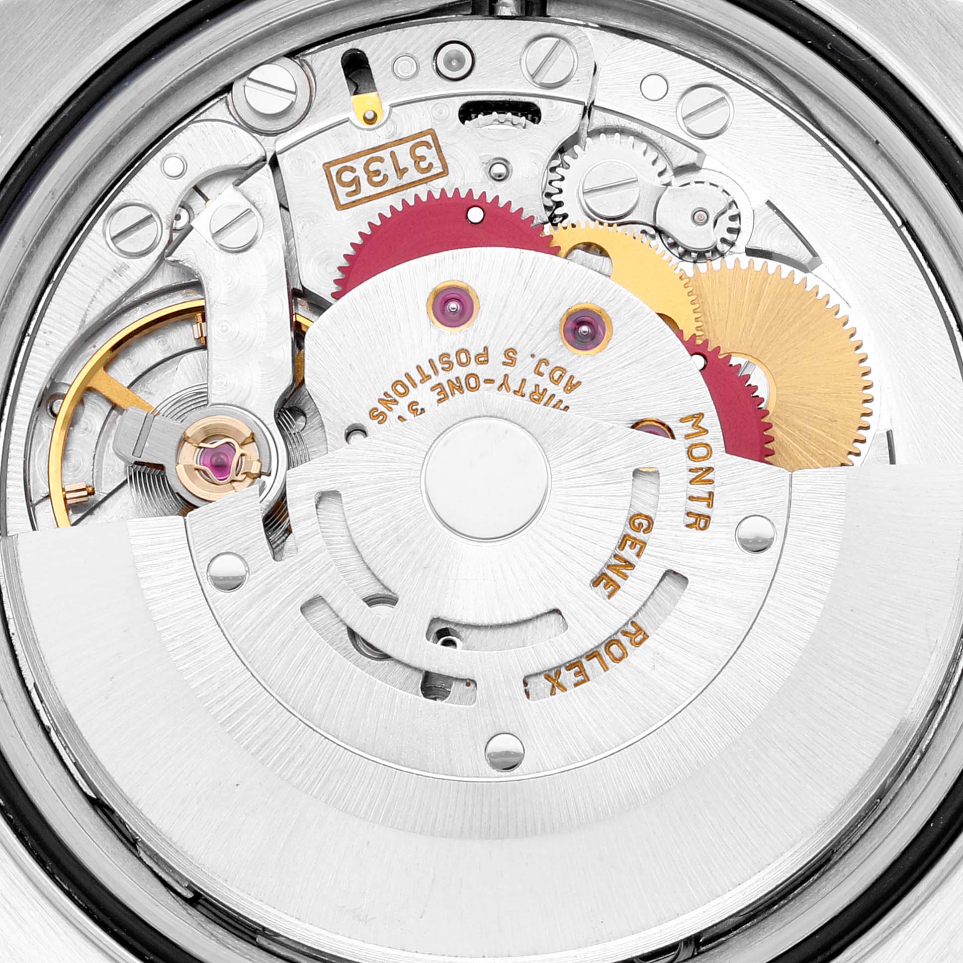This close-up image shows the intricate movement and internal mechanics of a Rolex Datejust 16233 Men's Steel and Gold (two tone) White Dial 16233 Men's Steel and Gold (two tone) White Dial watch.