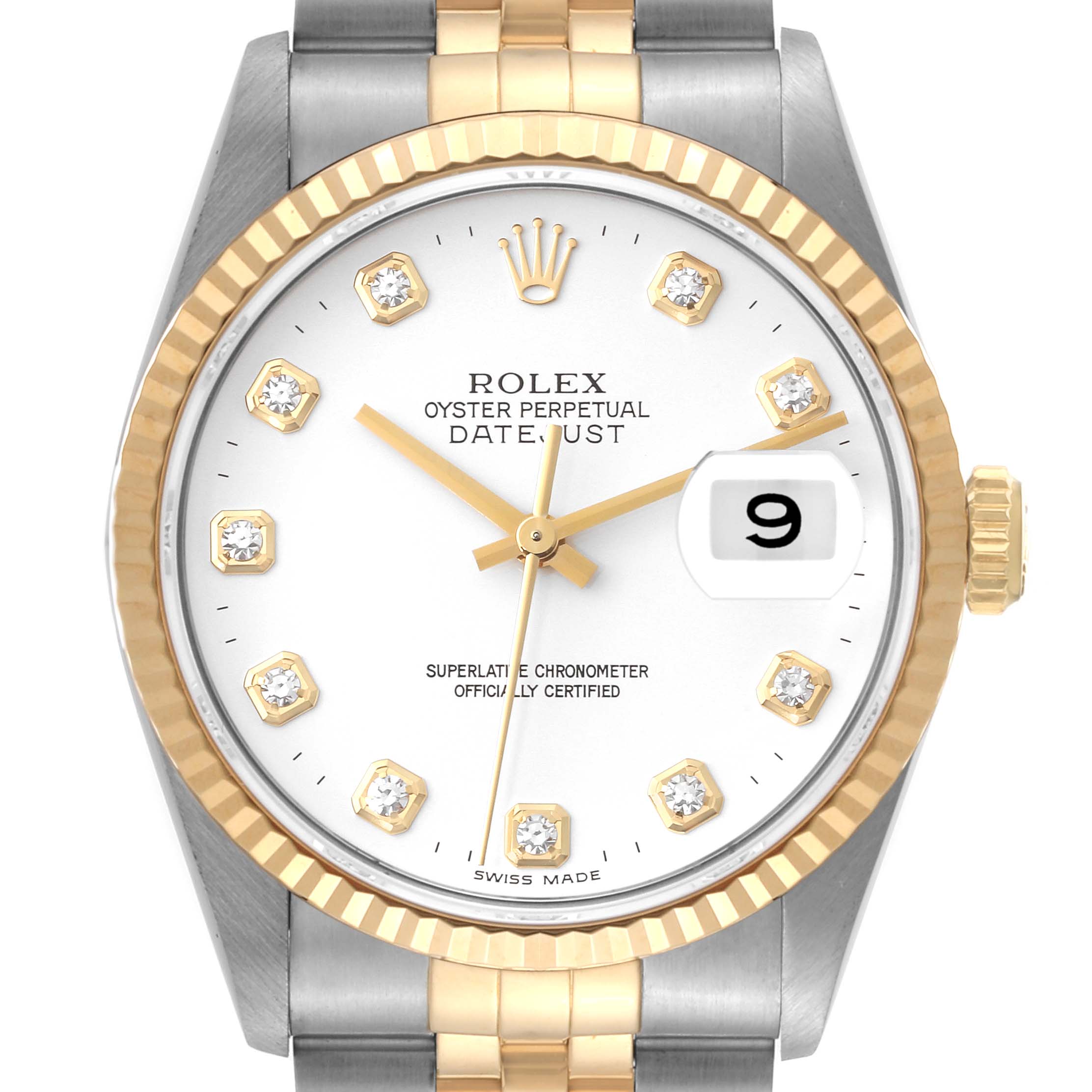 This image shows the face and part of the bracelet of a Rolex Datejust 16233 Men's Steel and Gold (two tone) White Dial 16233 Men's Steel and Gold (two tone) White Dial watch, with gold bezel and diamond hour markers.