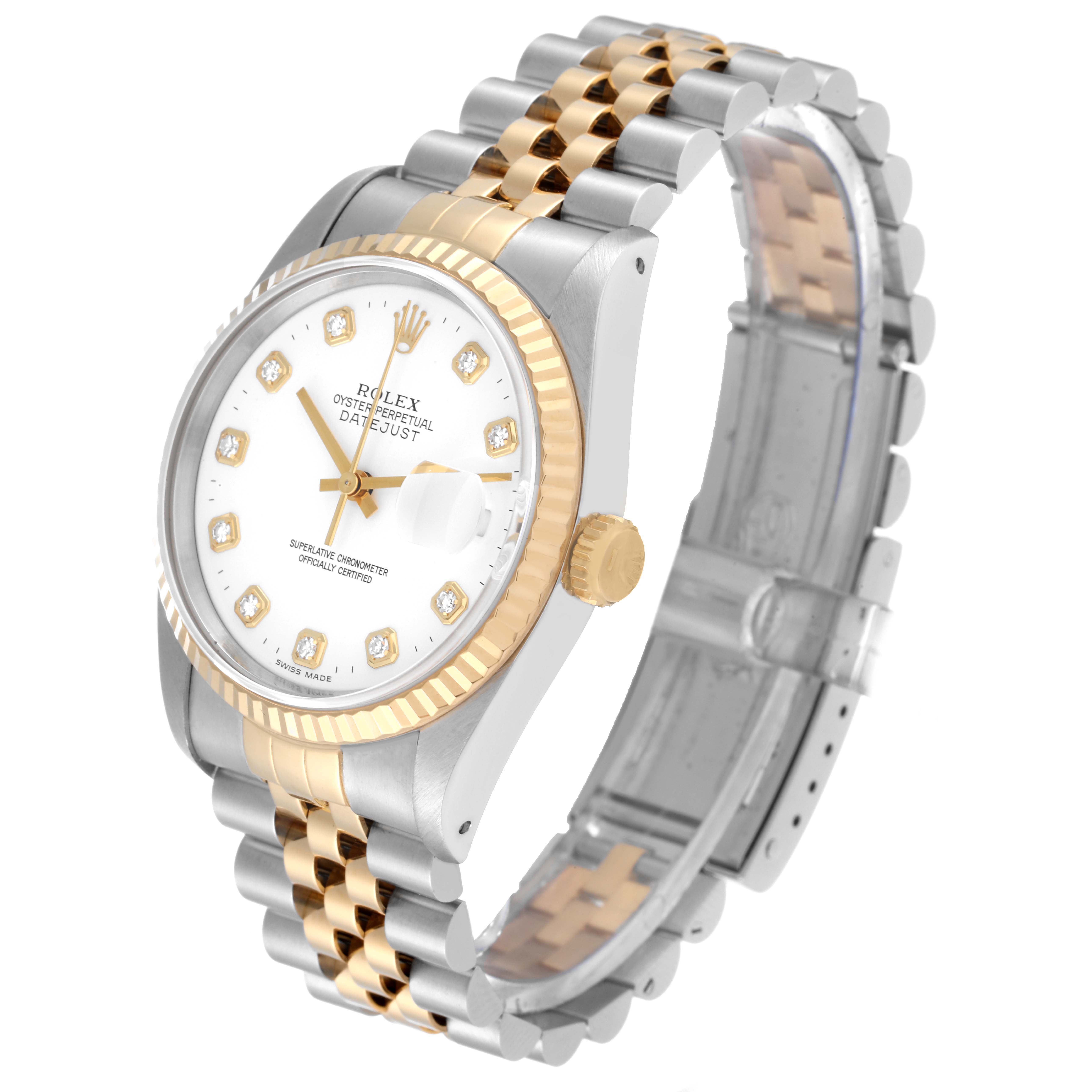 This Rolex Datejust 16233 Men's Steel and Gold (two tone) White Dial 16233 Men's Steel and Gold (two tone) White Dial watch is shown at a slight angle, displaying its face, crown, and two-tone jubilee bracelet.