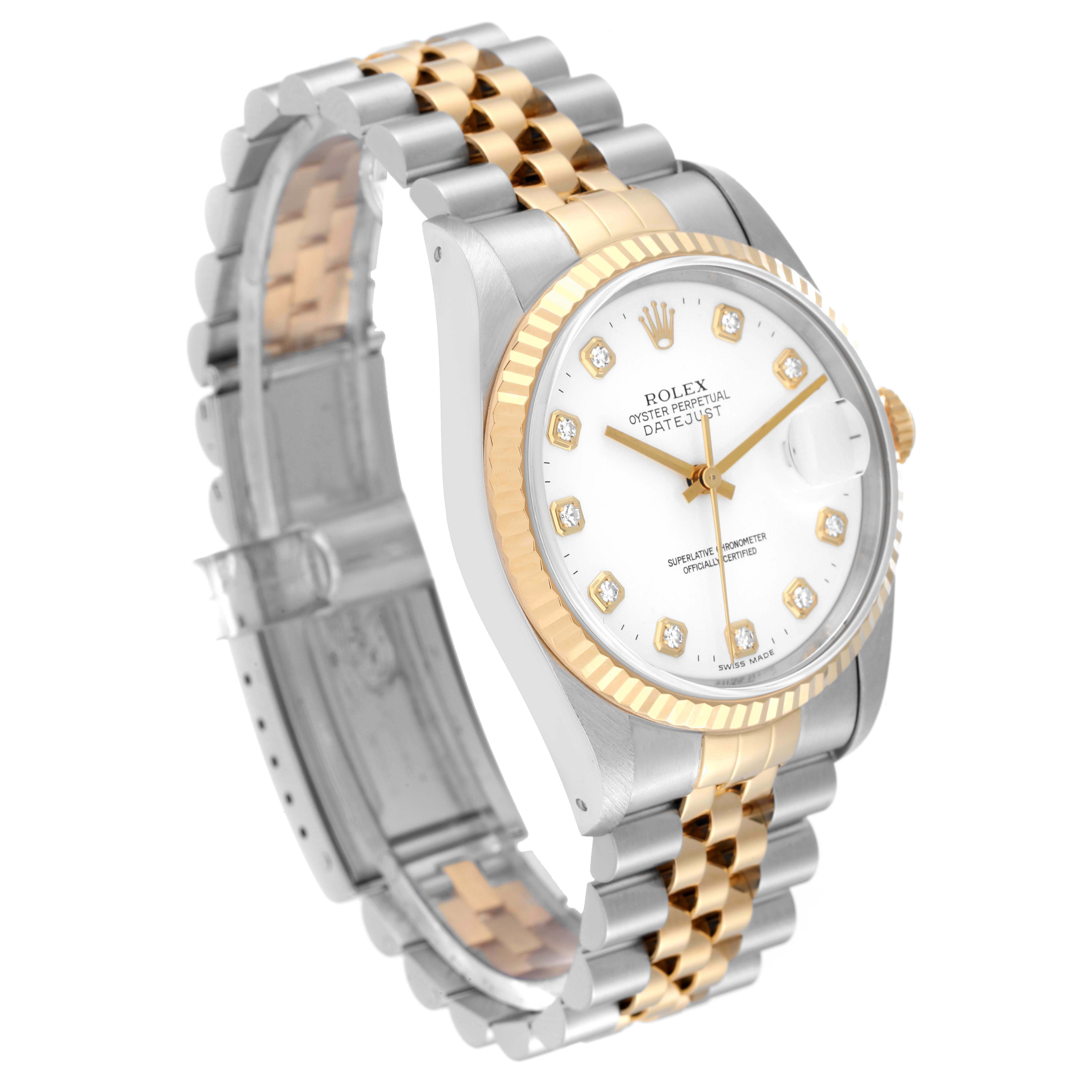 The Rolex Datejust 16233 Men's Steel and Gold (two tone) White Dial 16233 Men's Steel and Gold (two tone) White Dial watch is shown from an angled side view, displaying the two-tone bracelet, fluted bezel, and diamond-set dial.