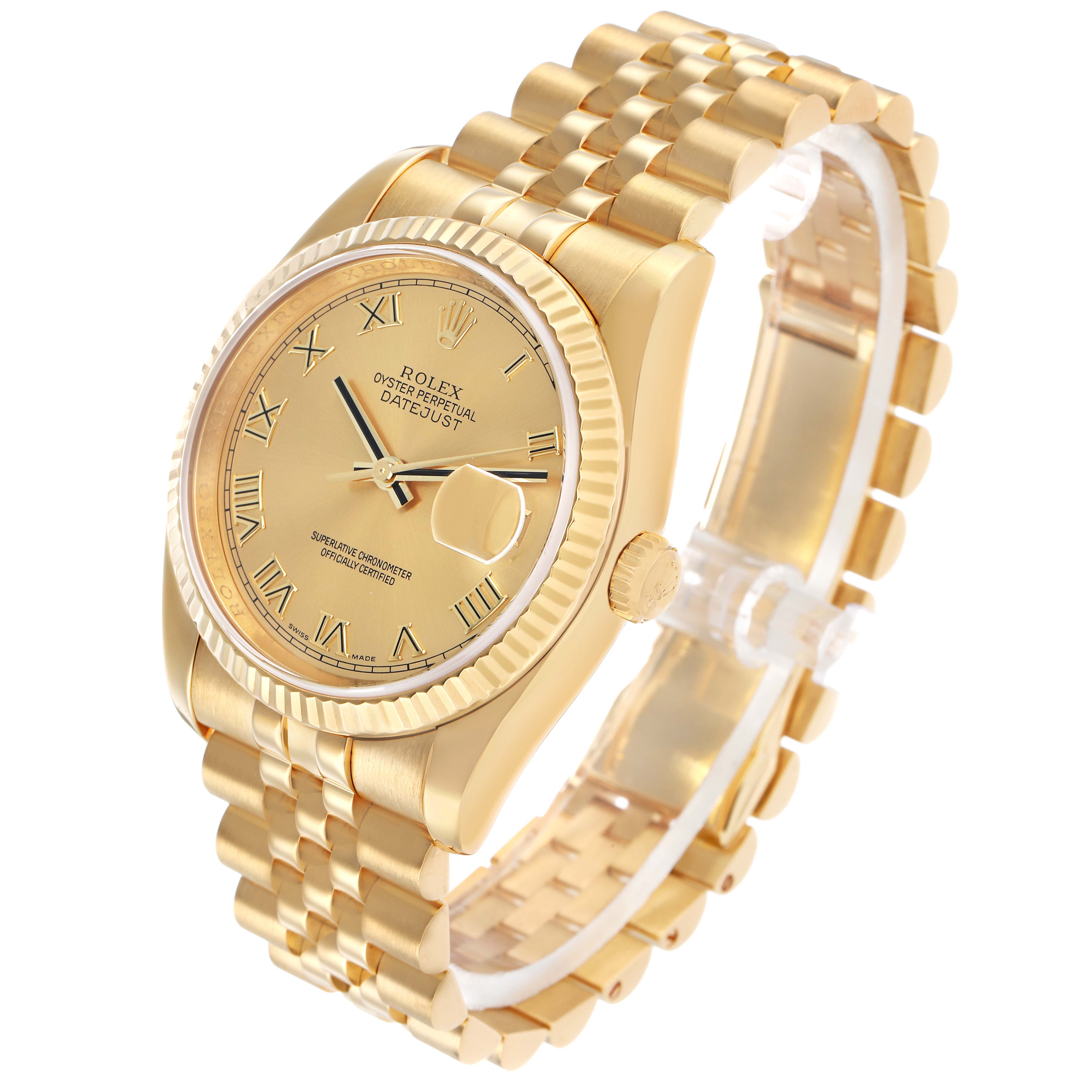 The Rolex Datejust 116238 Women's Yellow Gold Champagne Dial is shown at a three-quarter angle, highlighting the dial, bezel, crown, and bracelet.
