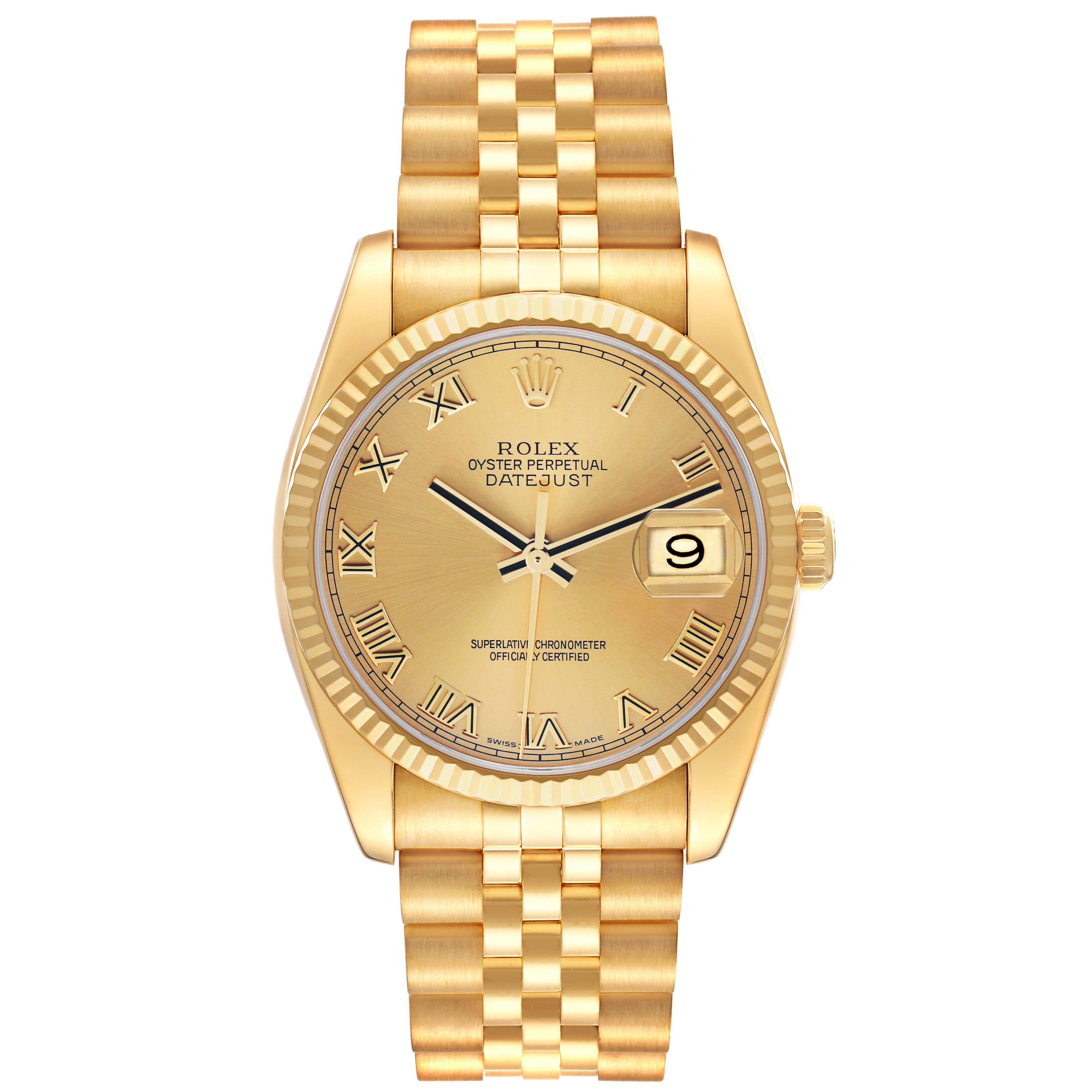 The Rolex Datejust 116238 Women's Yellow Gold Champagne Dial watch is shown from a front angle, highlighting the dial, bezel, and bracelet.