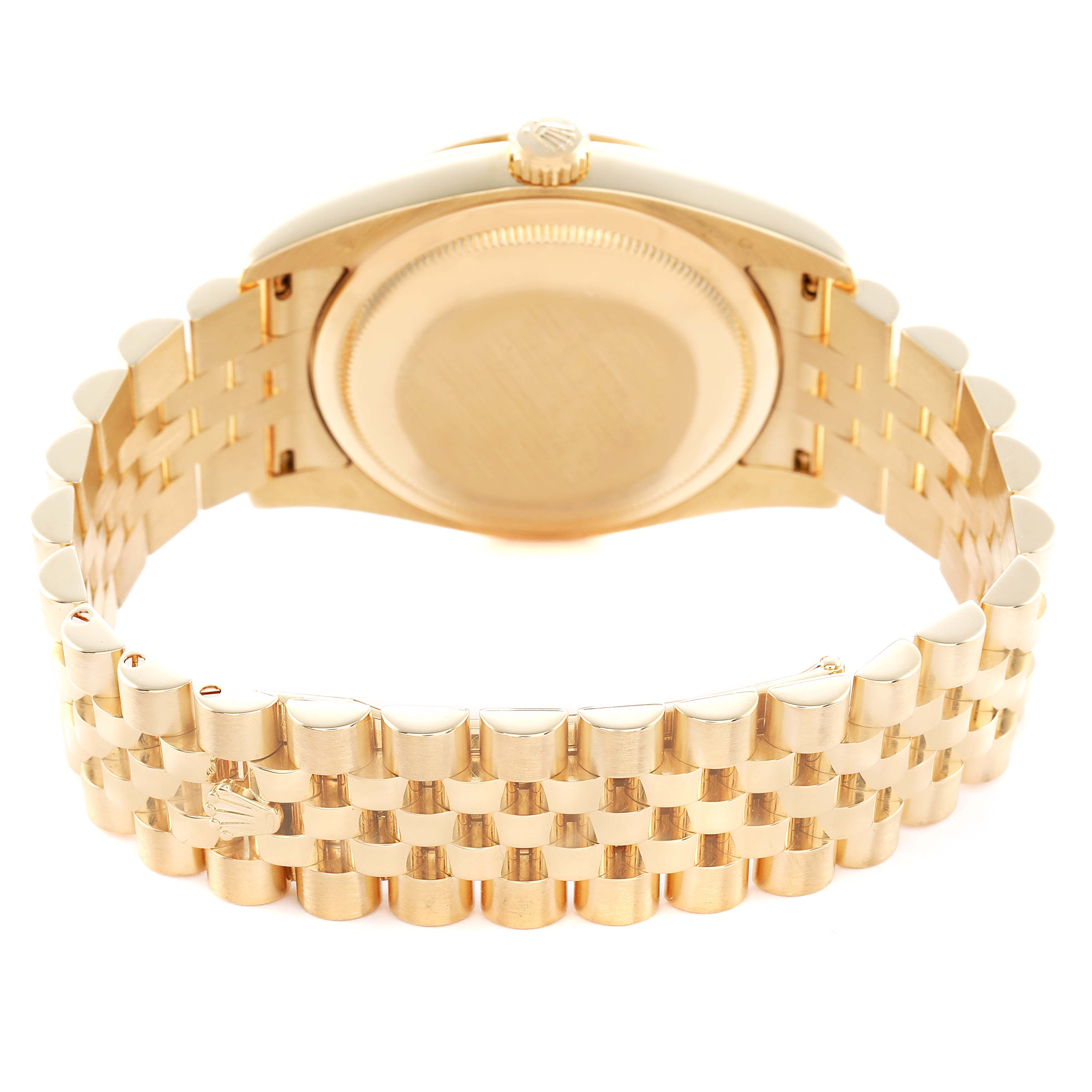 The image shows the back case and gold bracelet of a Rolex Datejust 116238 Women's Yellow Gold Champagne Dial, viewed from the rear angle.