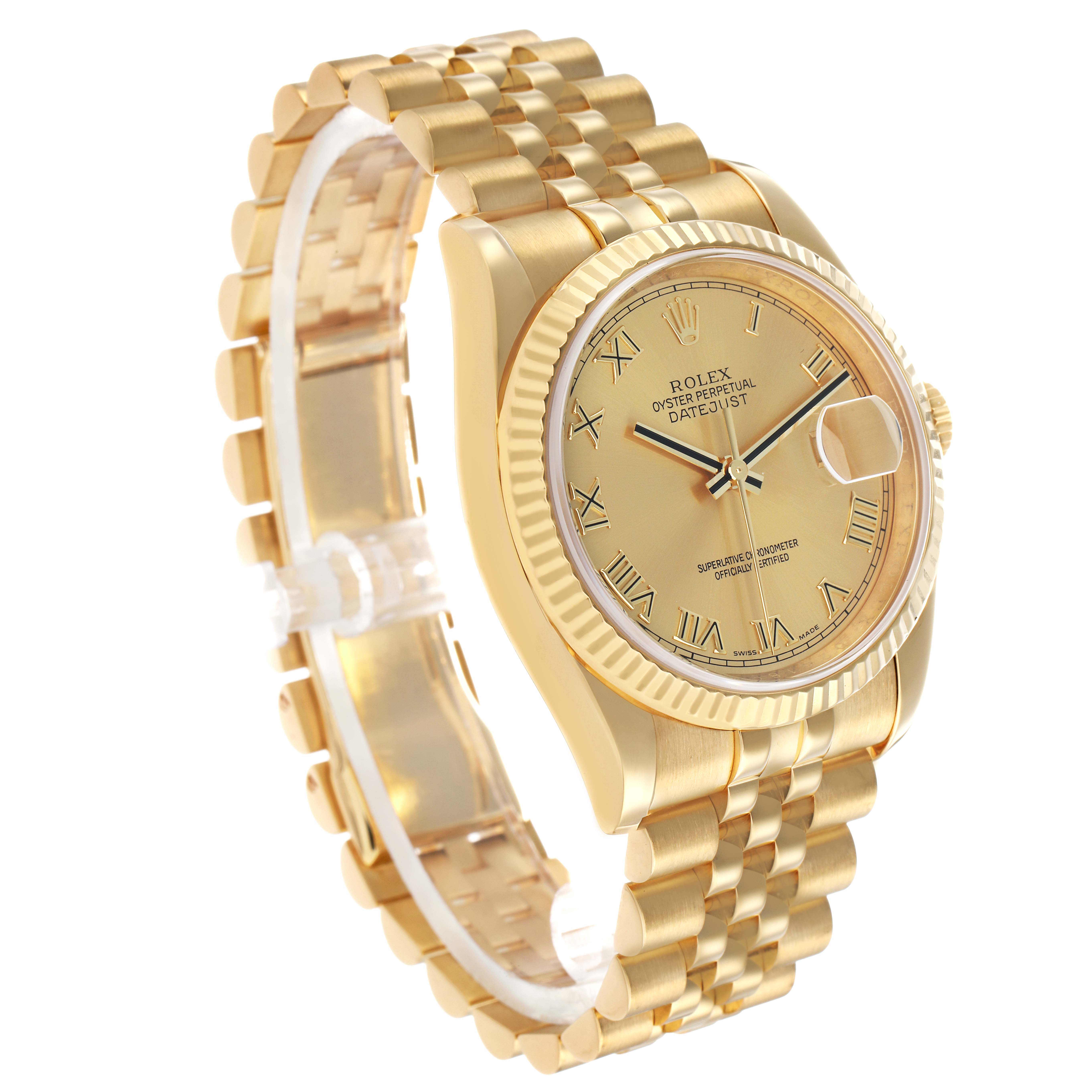 The Rolex Datejust 116238 Women's Yellow Gold Champagne Dial watch is shown at a three-quarter angle, highlighting the dial, fluted bezel, and jubilee bracelet.