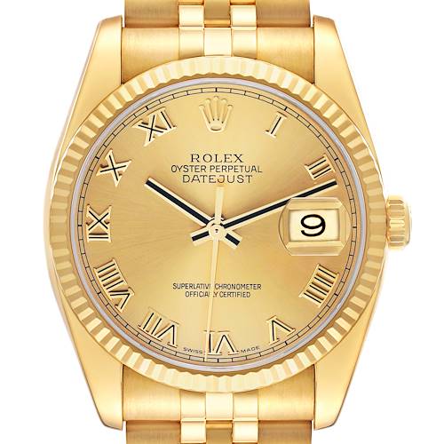Photo of Rolex Datejust Yellow Gold Champagne Roman Dial Mens Watch 116238
