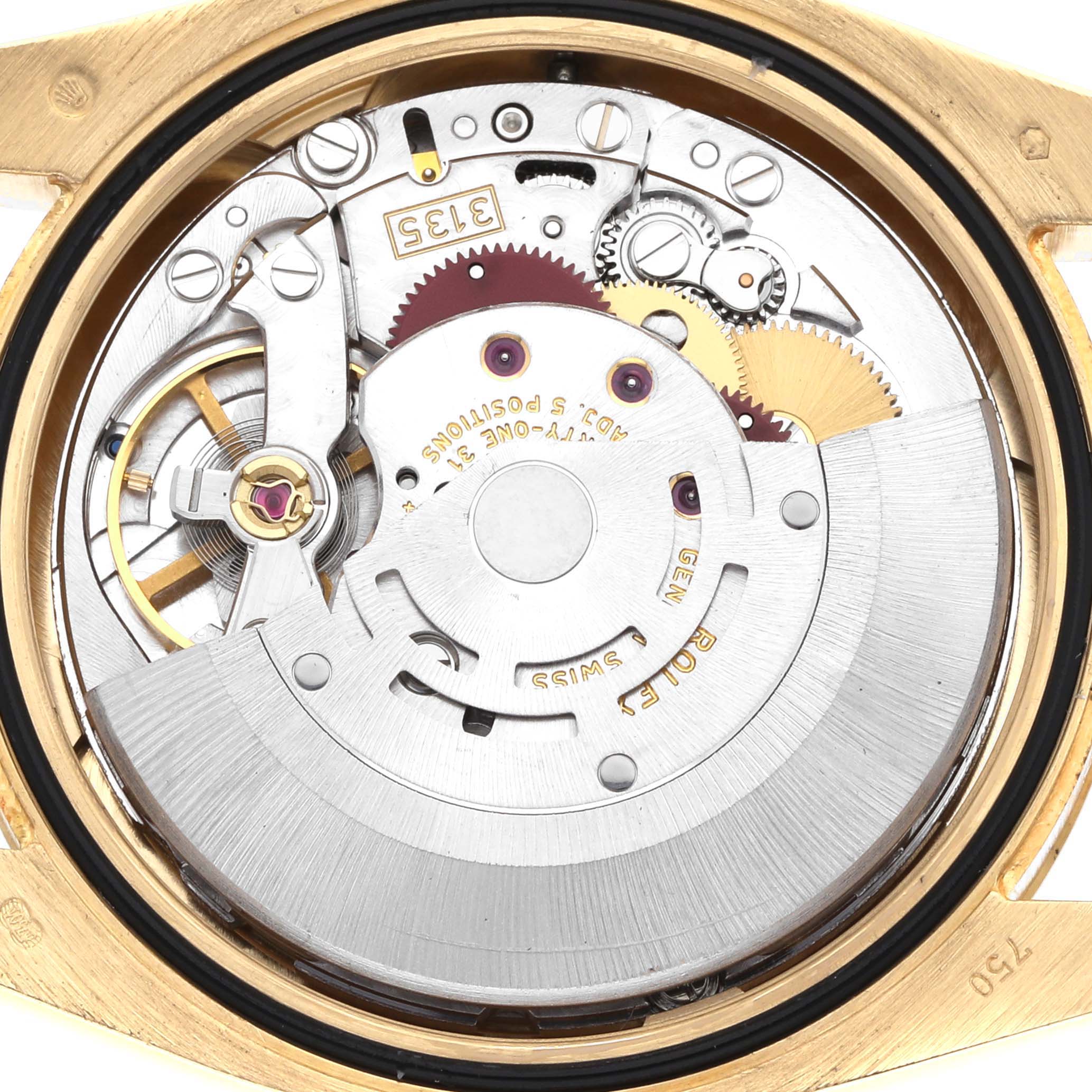 The image shows a close-up view of the movement of a Rolex Datejust 116238 Women's Yellow Gold Champagne Dial watch, highlighting its gears and rotor.