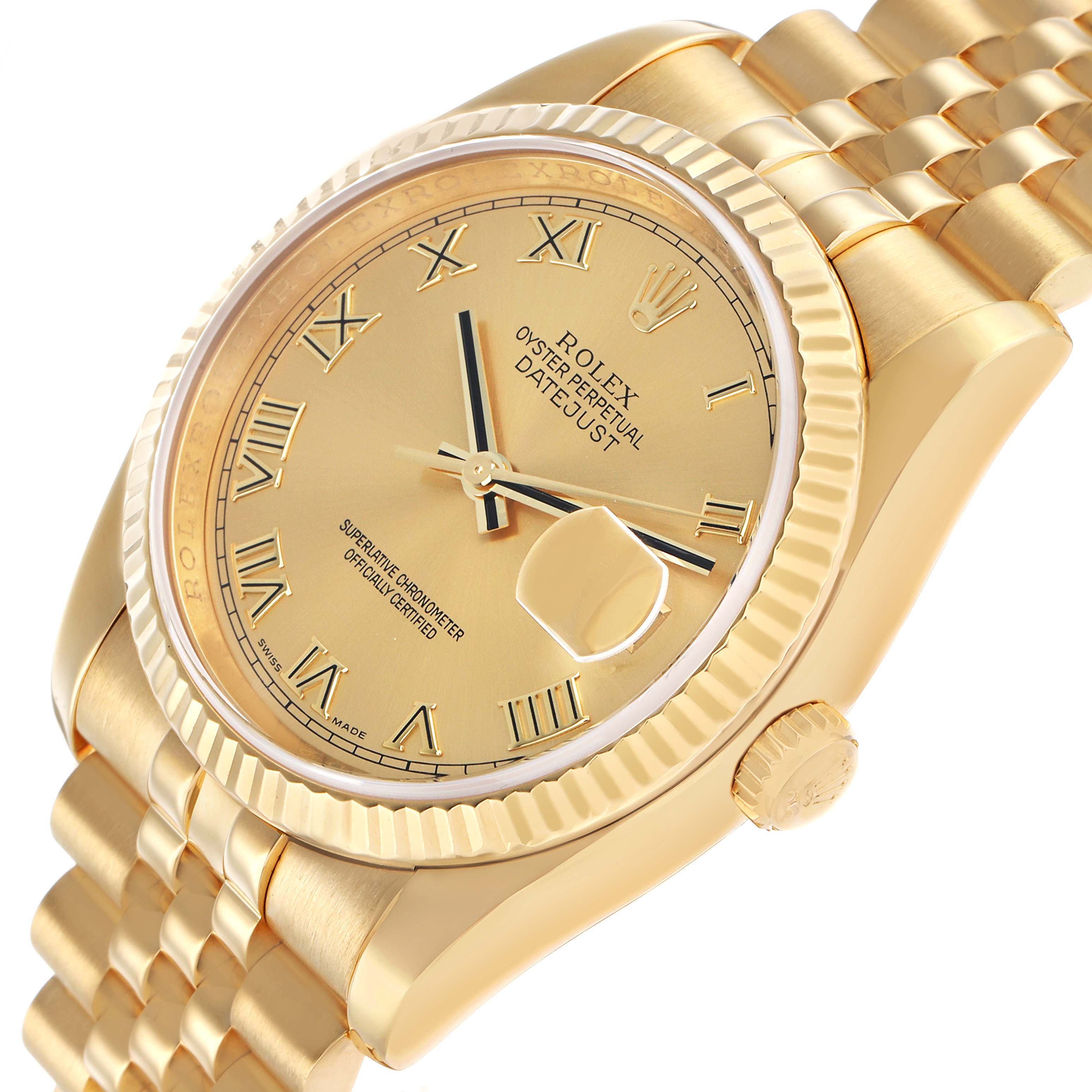 The Rolex Datejust 116238 Women's Yellow Gold Champagne Dial watch is shown at an angled view, displaying the face, bezel, crown, and part of the bracelet.