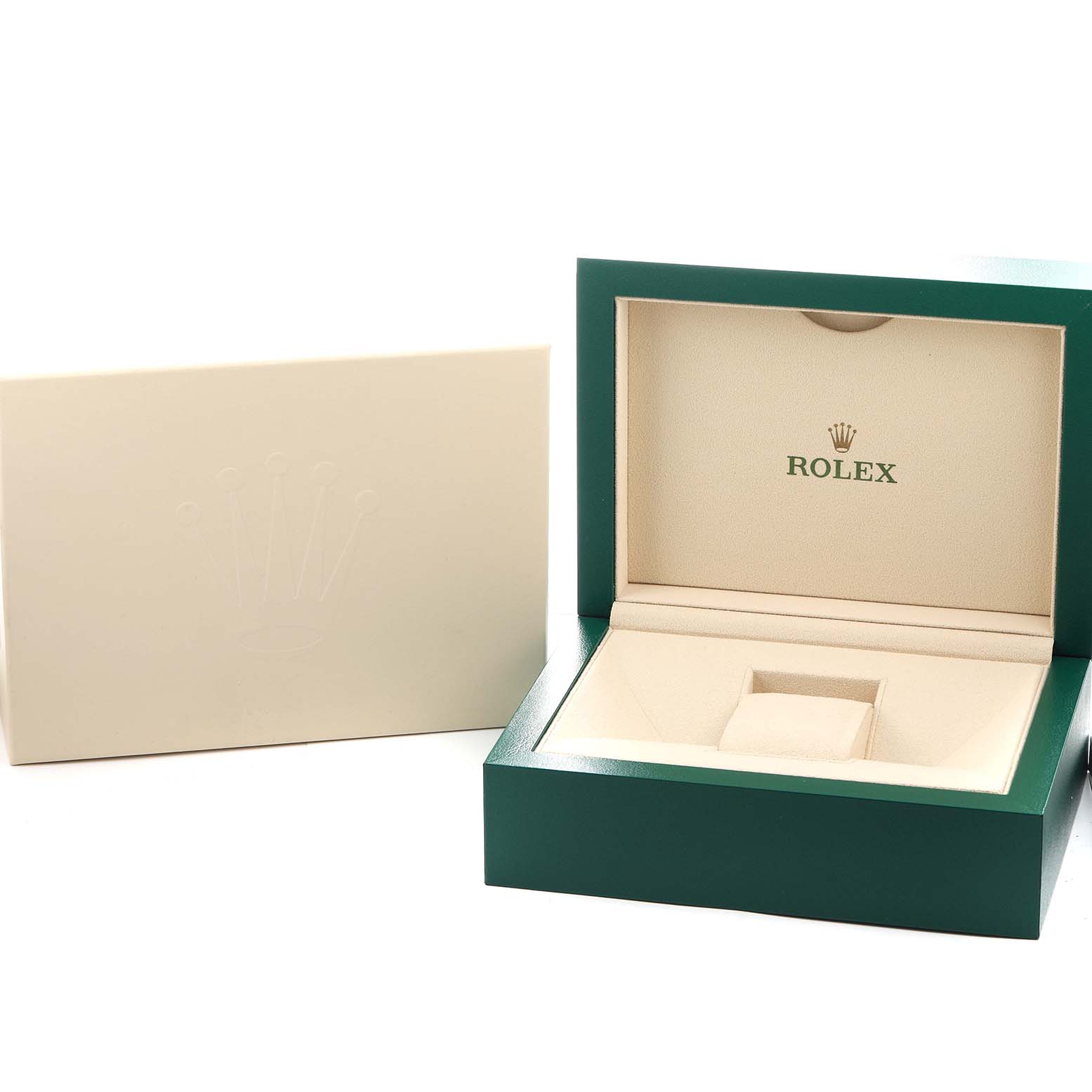 The image shows an open green box for a Rolex Datejust 116238 Women's Yellow Gold Champagne Dial, with a closed cream outer box on the side.