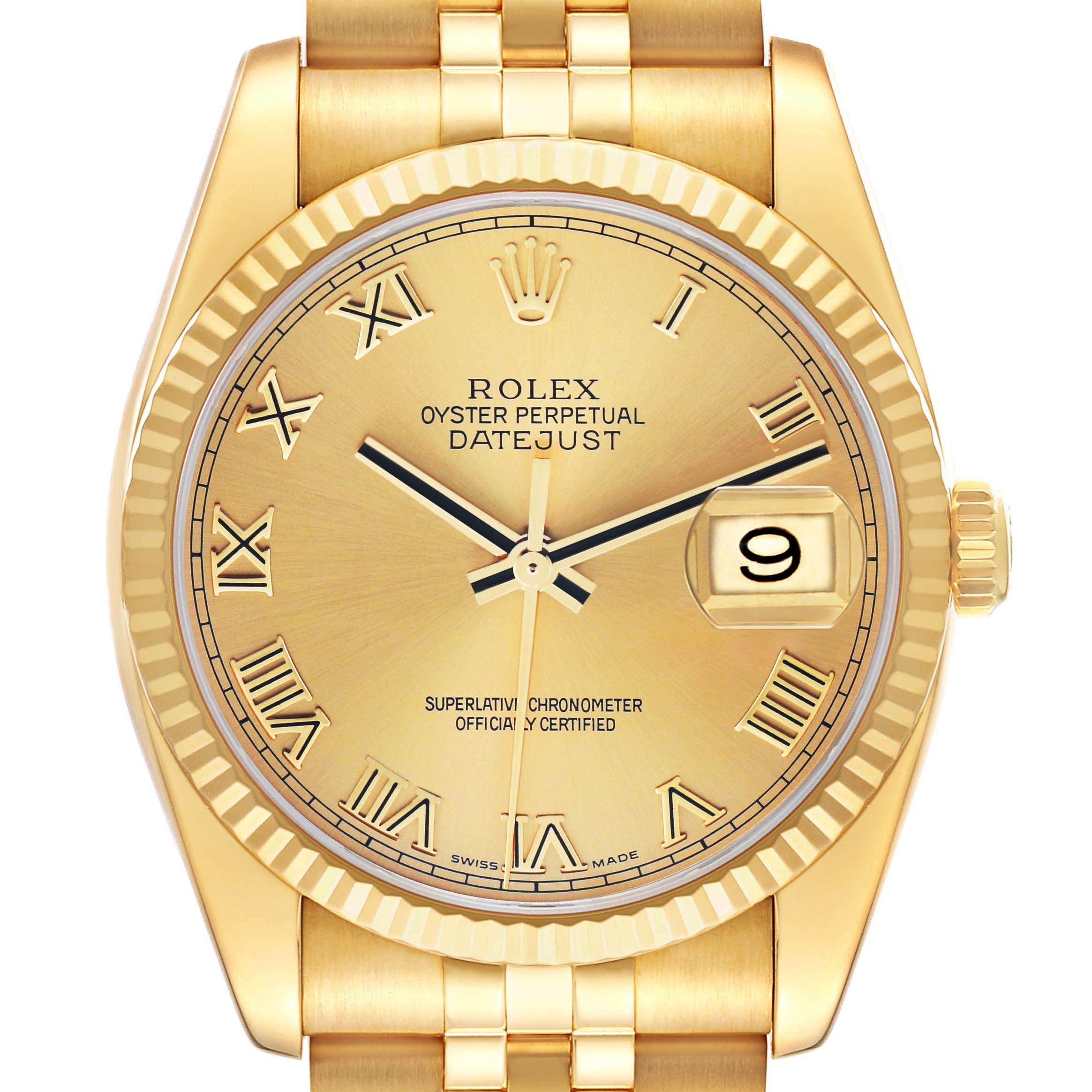 The Rolex Datejust 116238 Women's Yellow Gold Champagne Dial watch is shown from the front, highlighting the dial, bezel, bracelet, and crown.